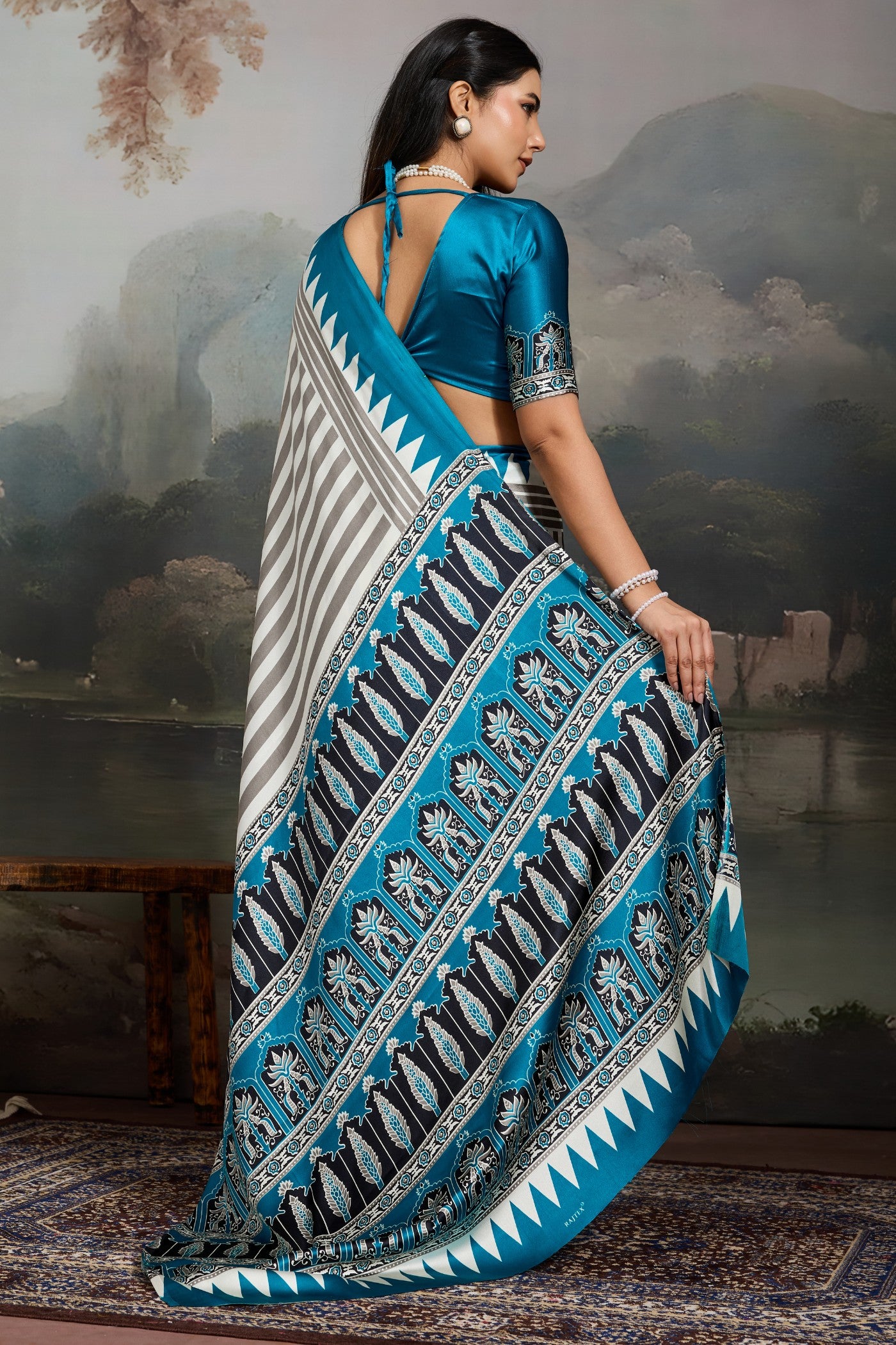 Buy MySilkLove Snow White and Blue Ajrakh Printed Satin Crepe Silk Saree Online