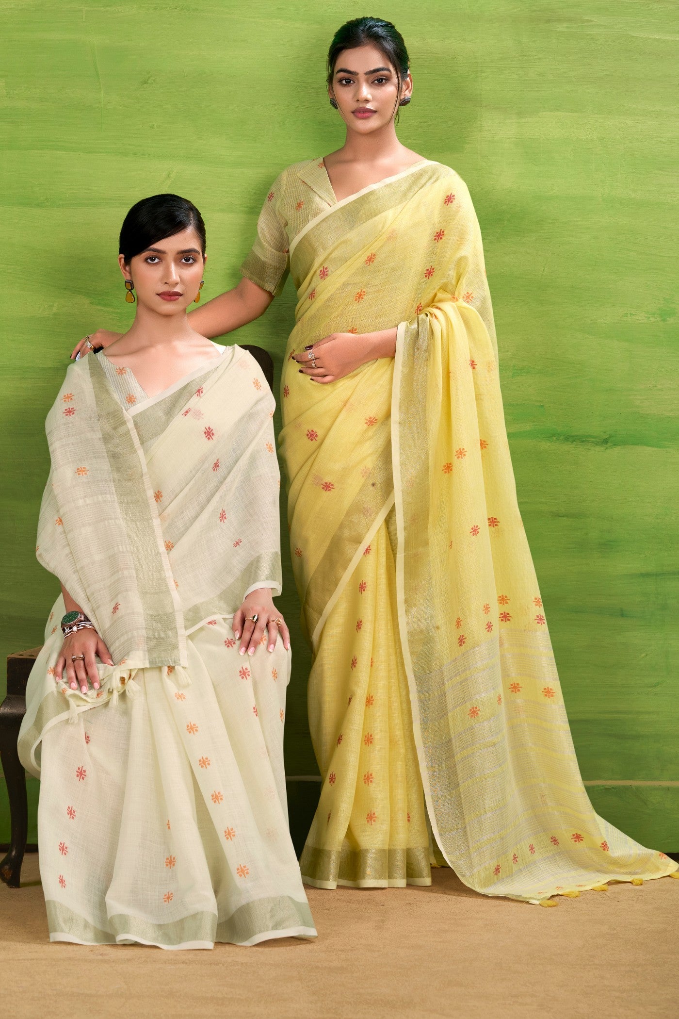 Buy MySilkLove Floral White Woven Linen Saree Online