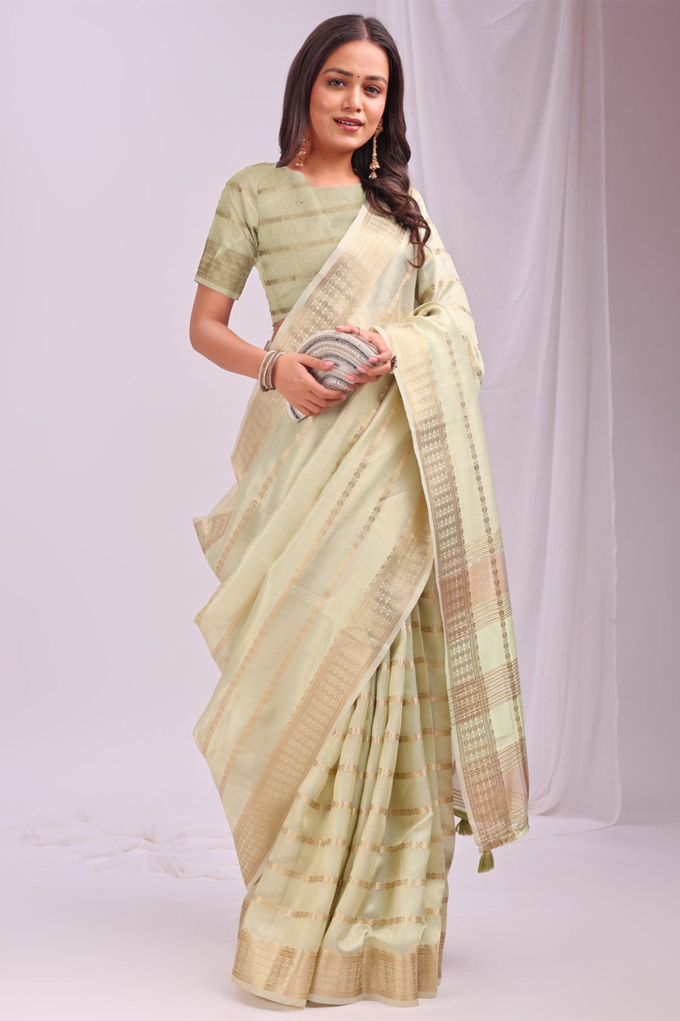 Buy MySilkLove Ivory Cream Woven Organza Saree Online