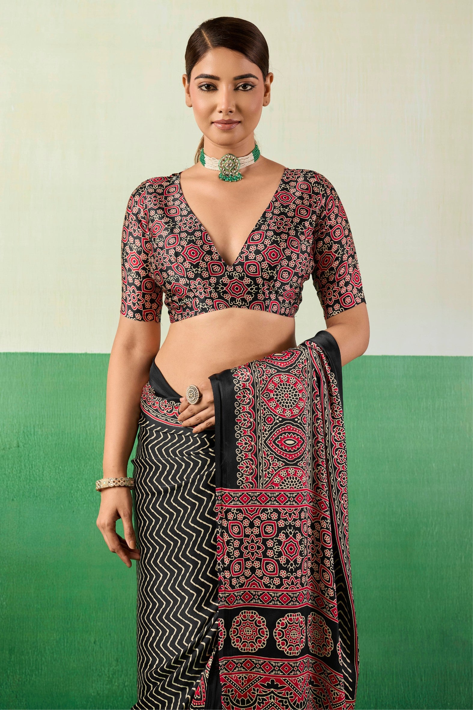 Buy MySilkLove Violet Black Modal Ajrakh Satin Printed Silk Saree Online