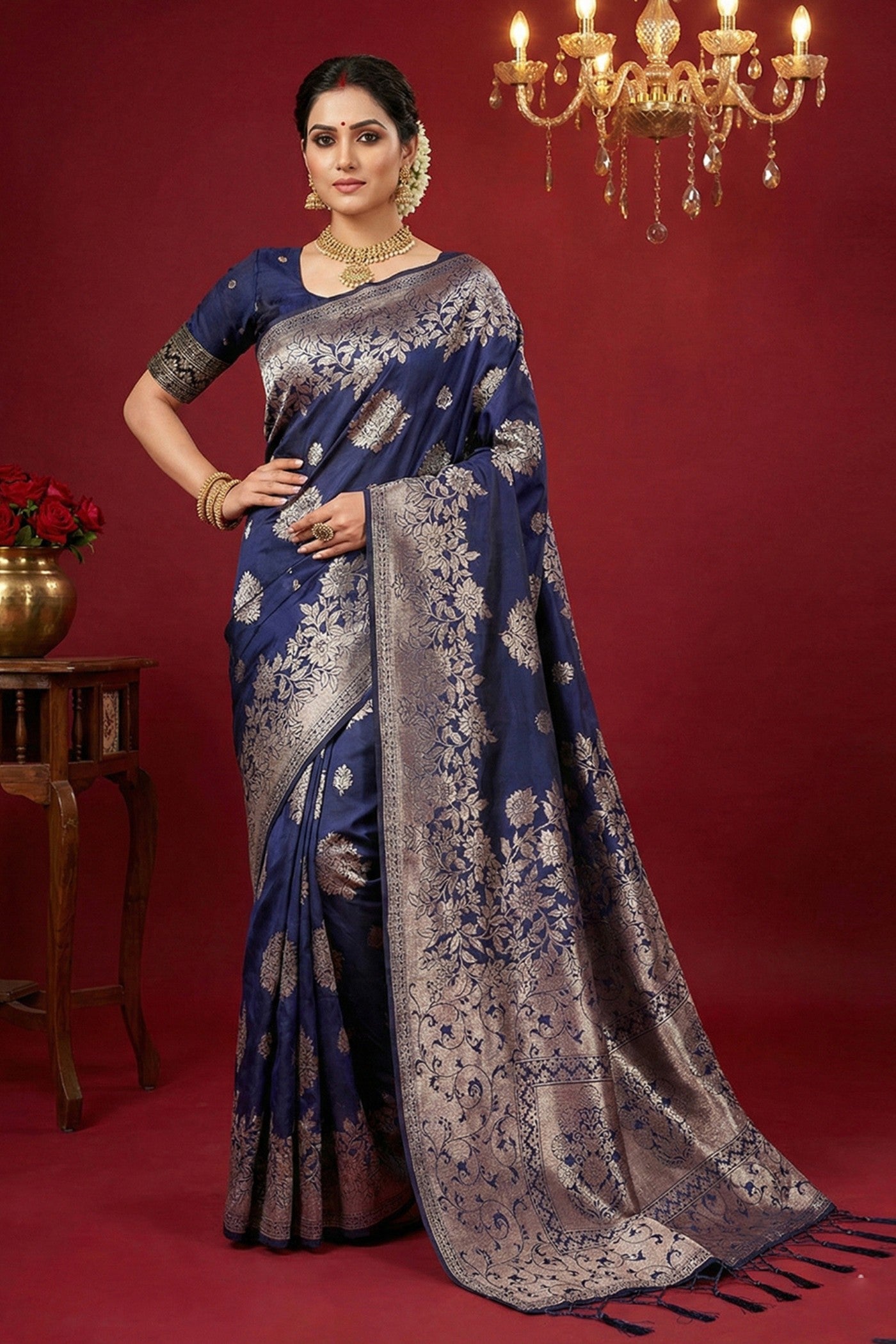 Buy MySilkLove Navy Blue Woven Banarasi Silk Saree Online