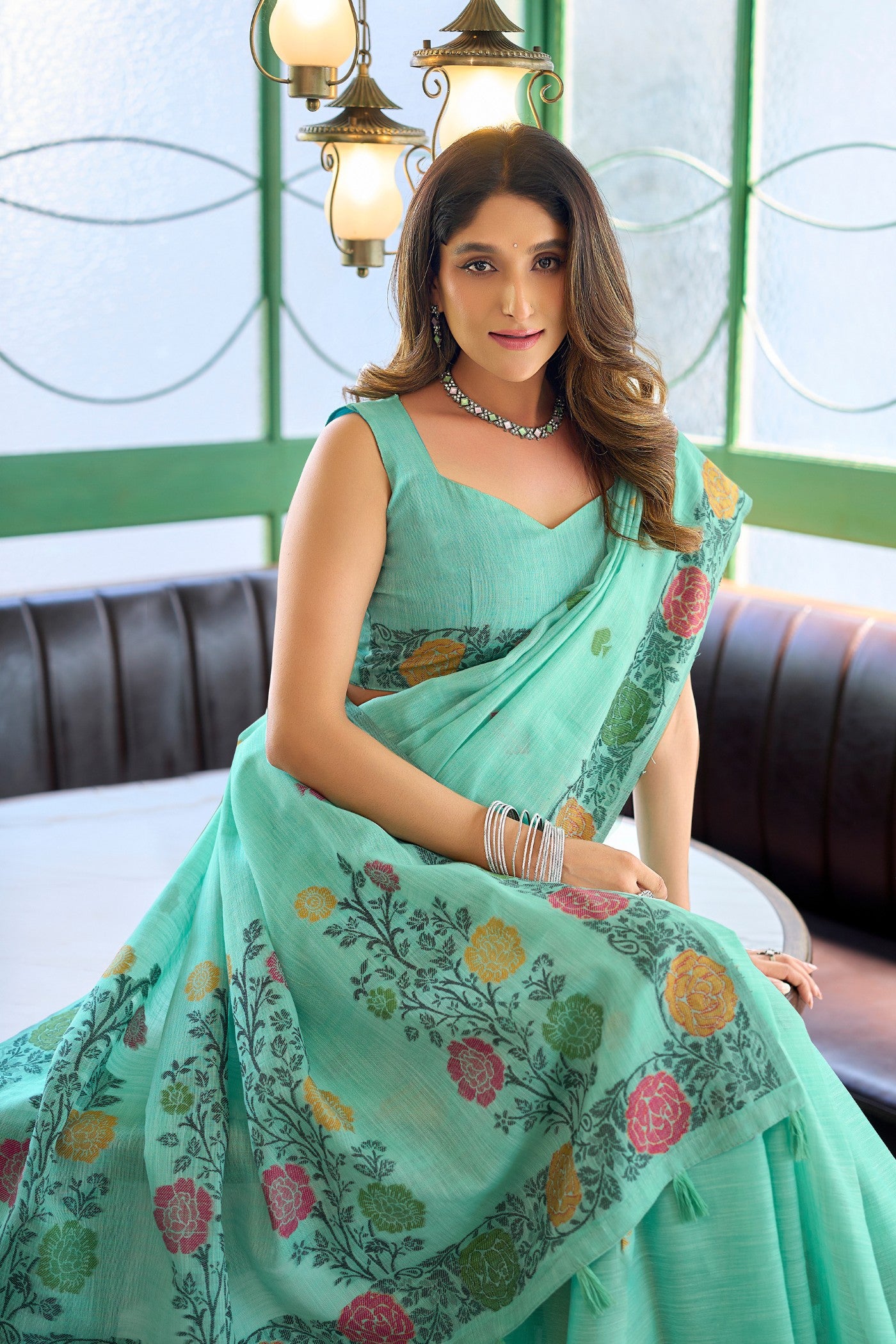 MySilkLove Spring Green Floral Handloom Linen Saree