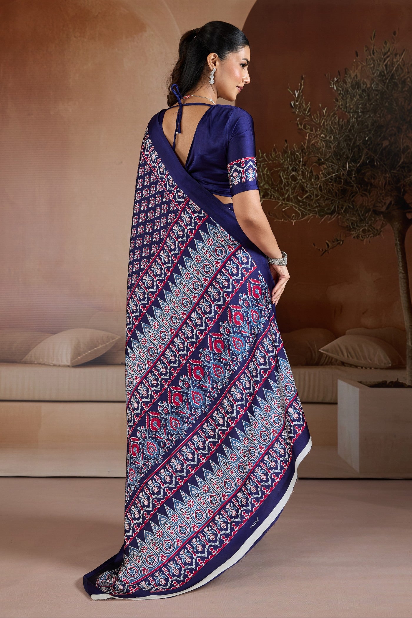 Buy MySilkLove Navy Blue Ajrakh Printed Satin Crepe Silk Saree Online