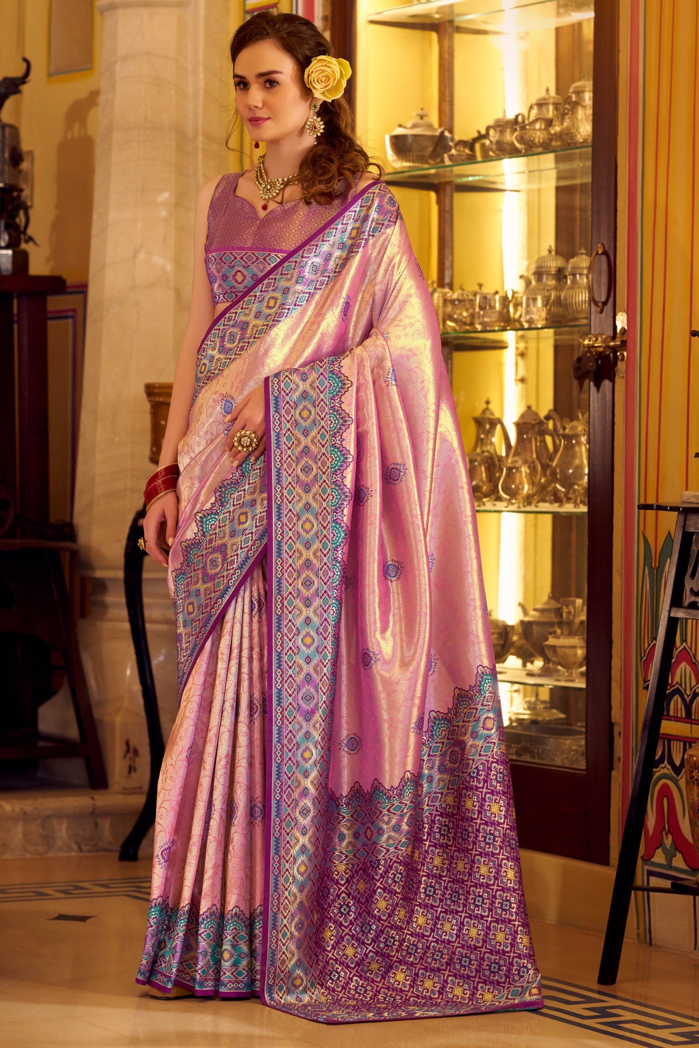 Buy MySilkLove Dawn Pink Woven Tissue Patola Silk Saree Online