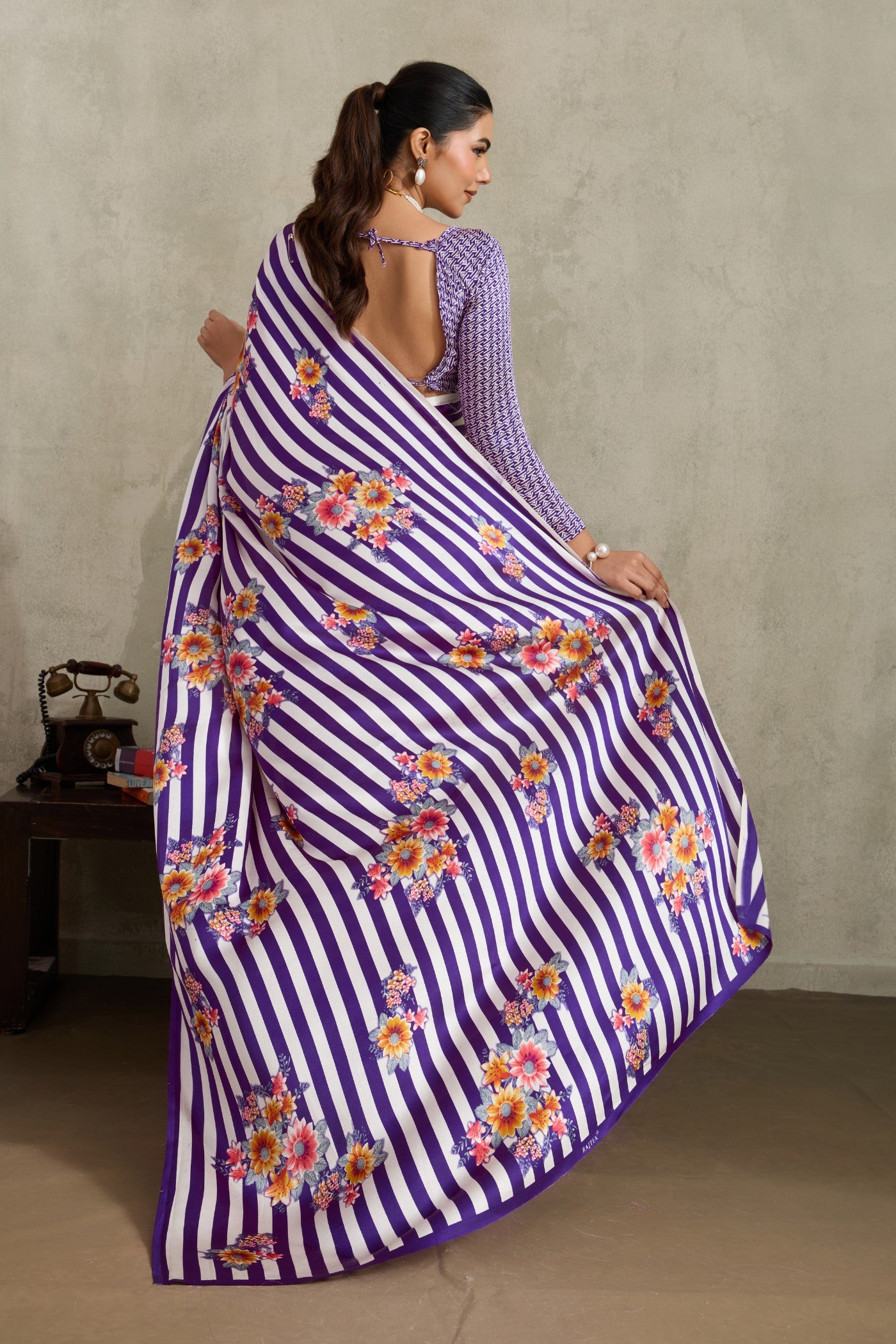 Buy MySilkLove Tacao Purple Ajrakh Printed Satin Crepe Silk Saree Online