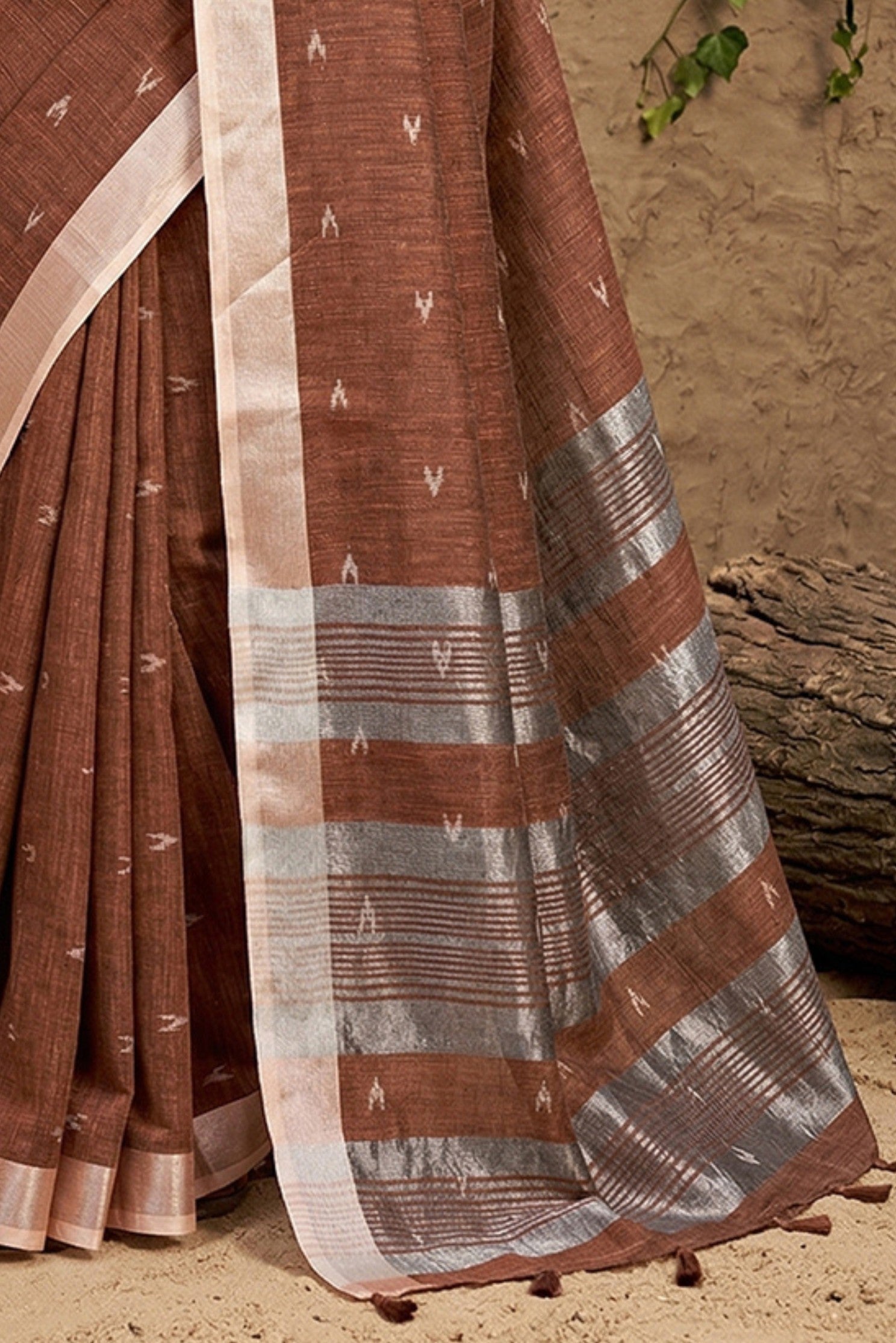 Buy MySilkLove Dark Wood Brown Woven Linen Cotton Saree Online