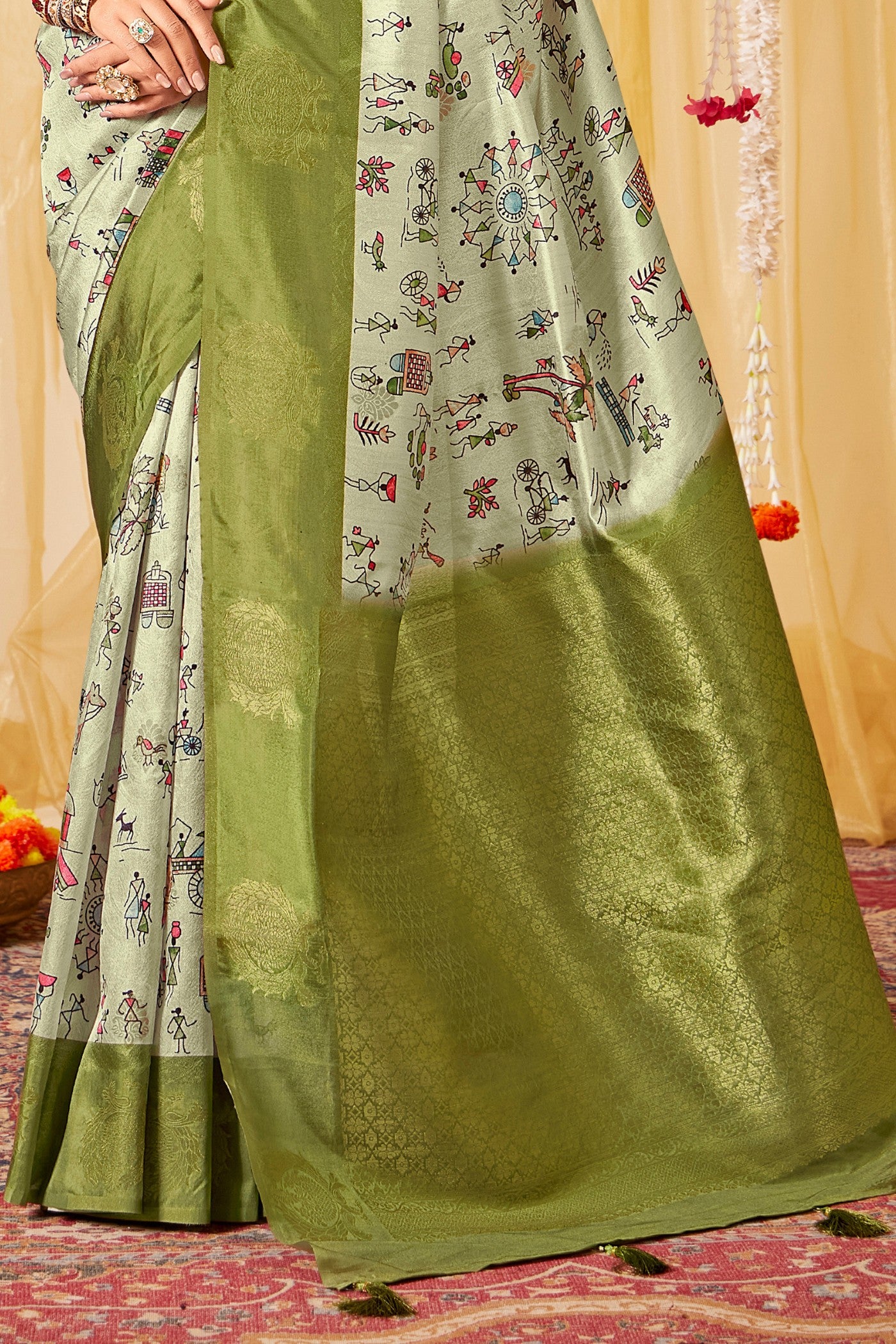 Buy MySilkLove Aloe Green Kalamkari Printed Saree Online