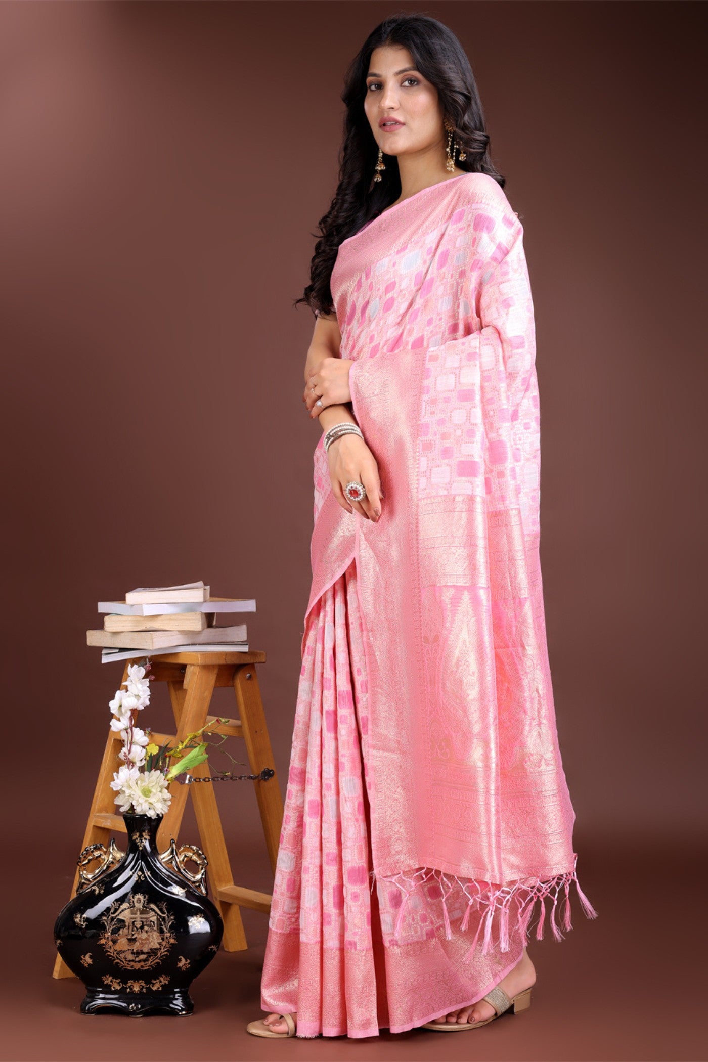Buy MySilkLove Cherry Pink Woven Linen Cotton Saree Online