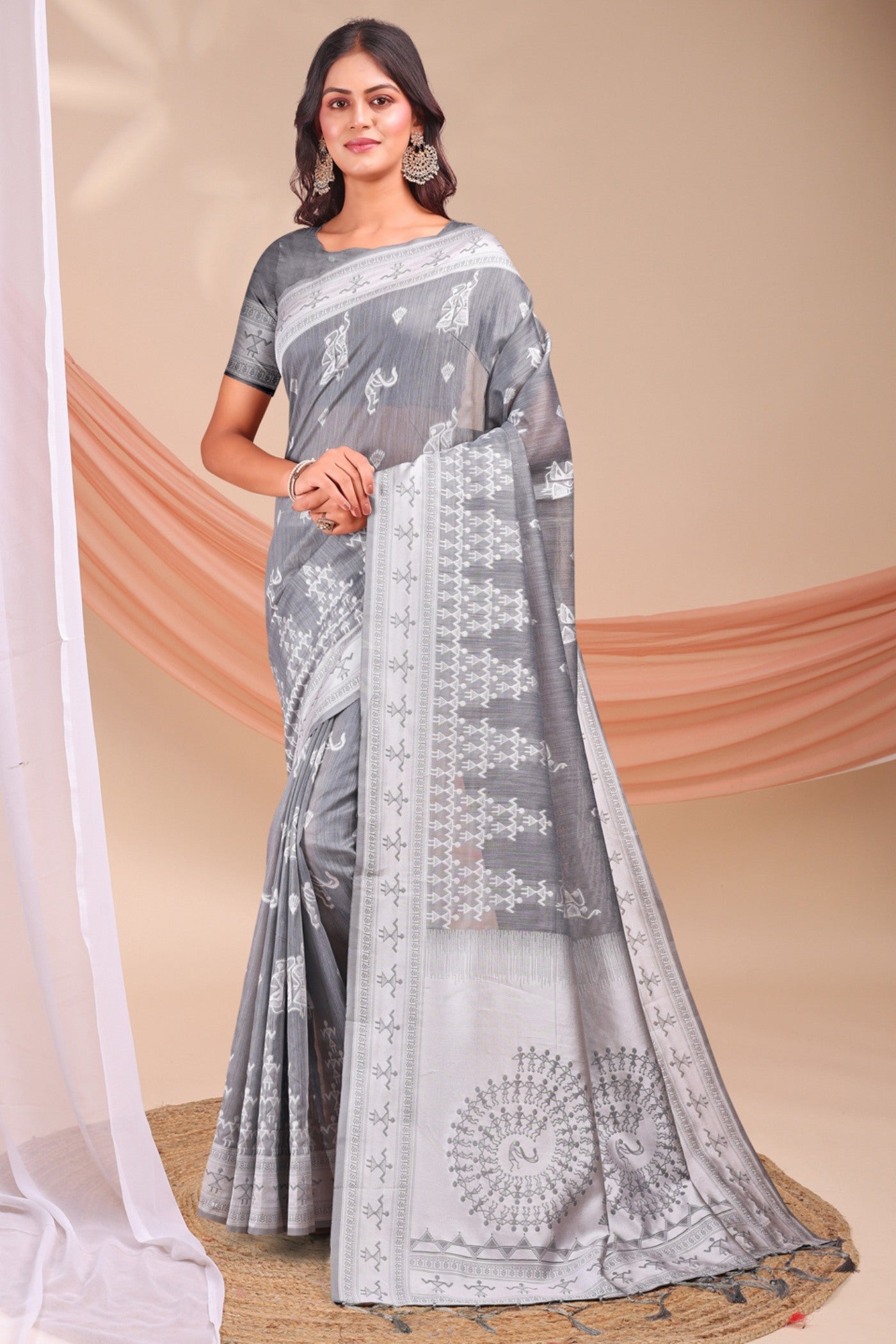 Buy MySilkLove Coral Grey Woven Linen Cotton Saree Online