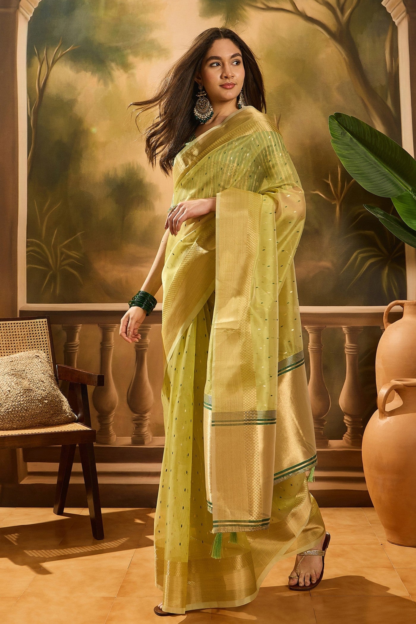 Buy MySilkLove Kelly Green Woven Organza Saree Online