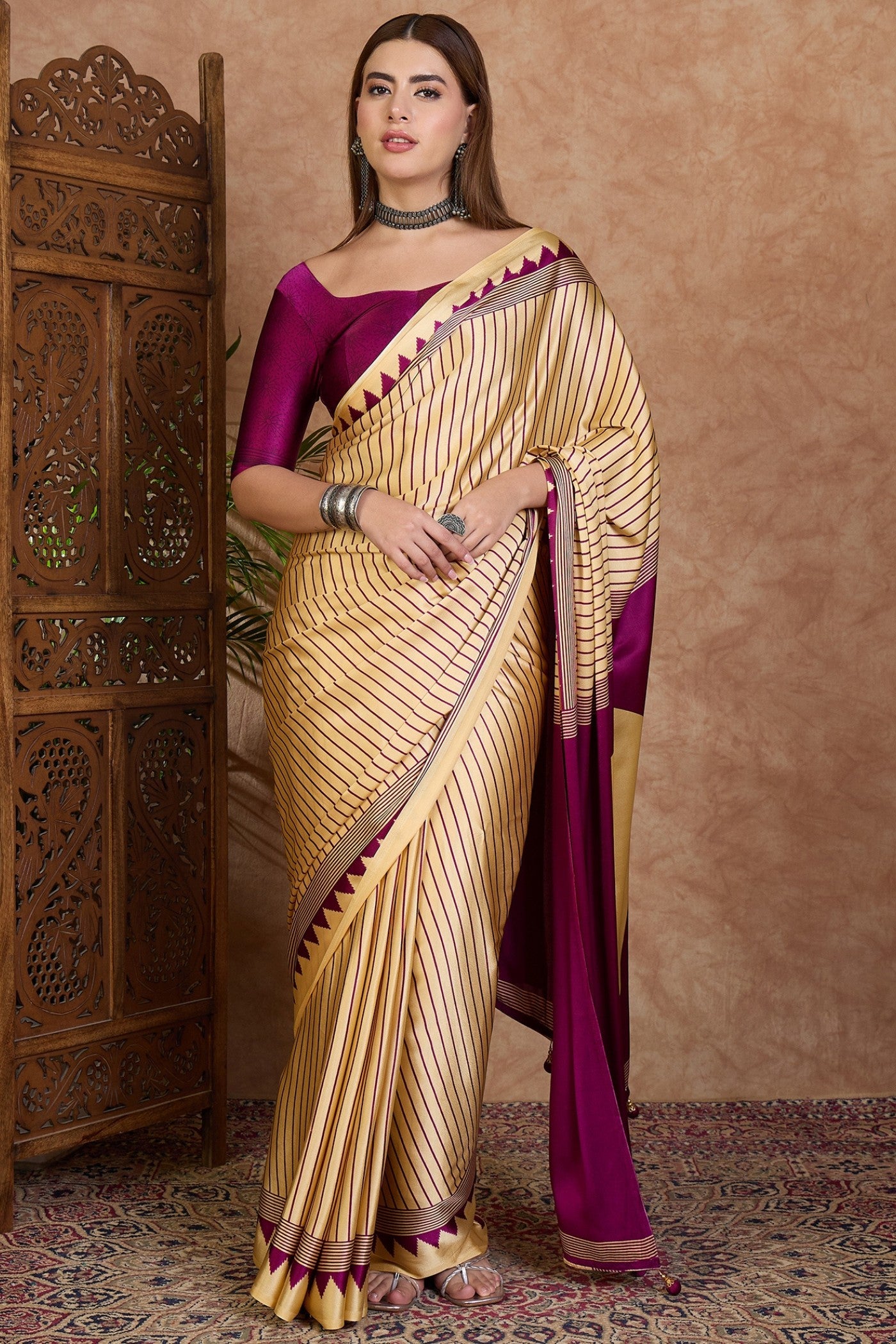 Buy MySilkLove Fawn Cream and Purple Stripe Ajrakh Printed Satin Crepe Silk Saree Online