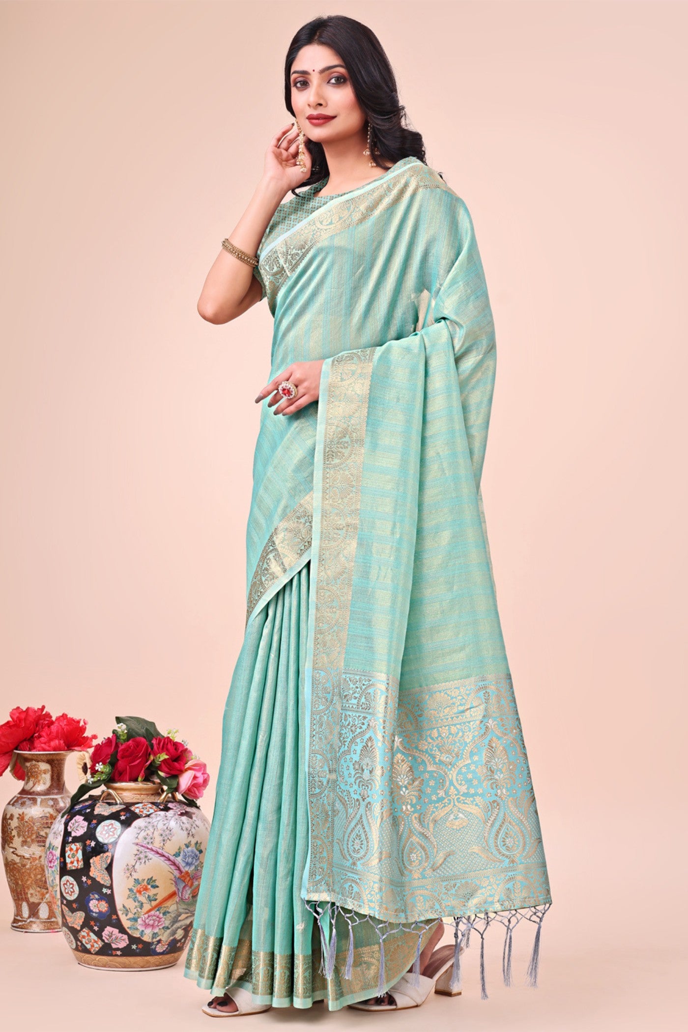 Buy MySilkLove Celeste Blue Woven Organza Saree Online