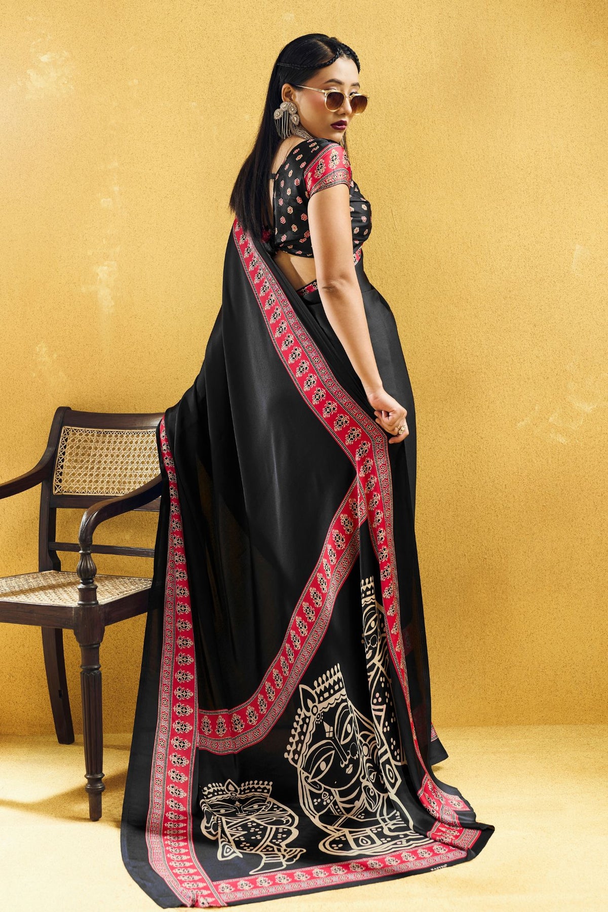 Buy MySilkLove Onyx Black Modal Ajrakh Satin Printed Silk Saree Online