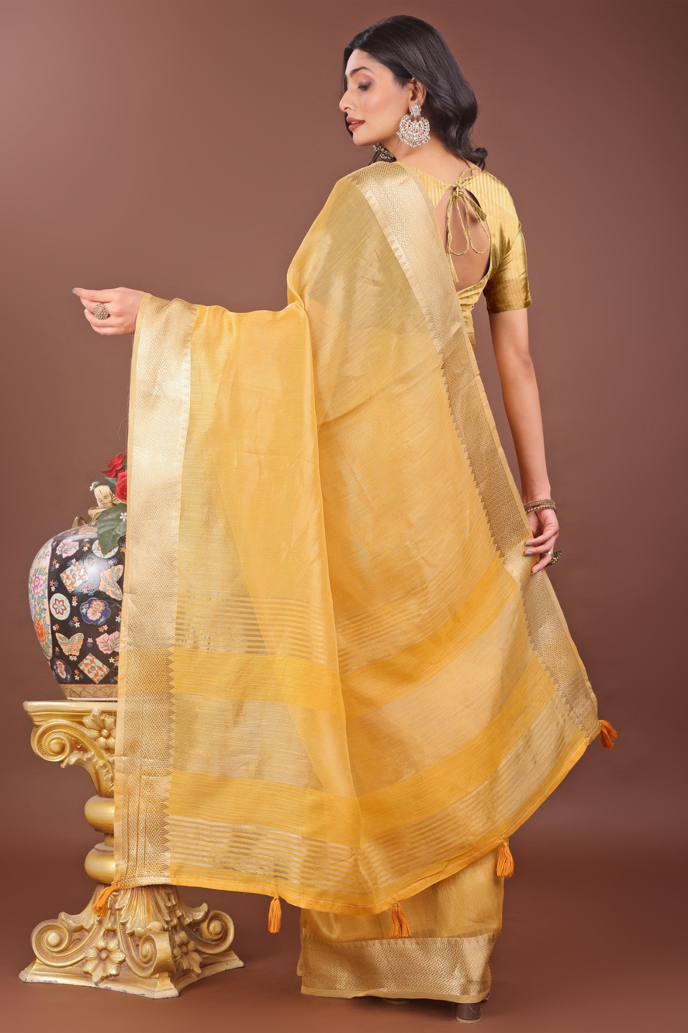 Buy MySilkLove Gold Yellow Woven Organza Saree Online