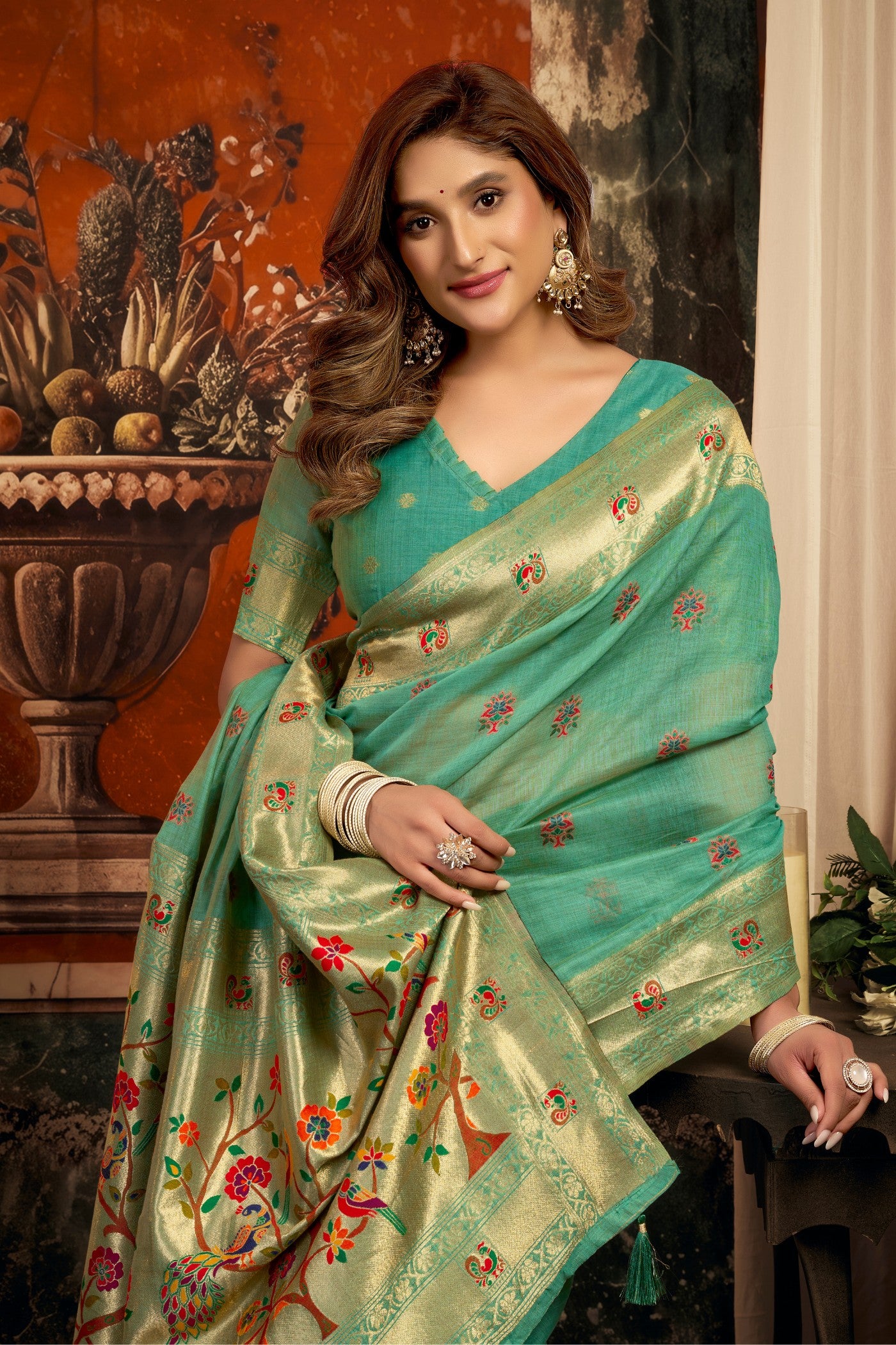 Buy MySilkLove Teal Green Zari Woven Paithani Saree Online