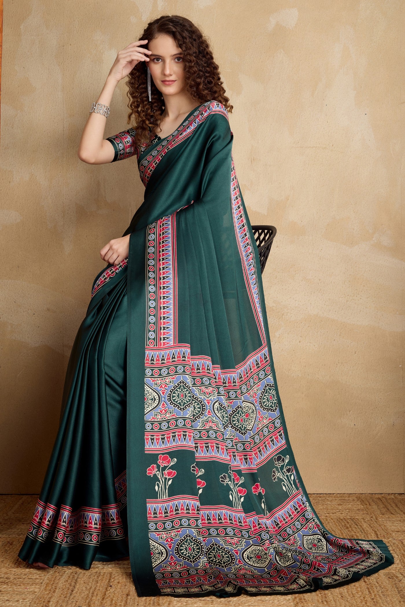 Buy MySilkLove Kaitoke Green Ajrakh Printed Satin Crepe Silk Saree Online