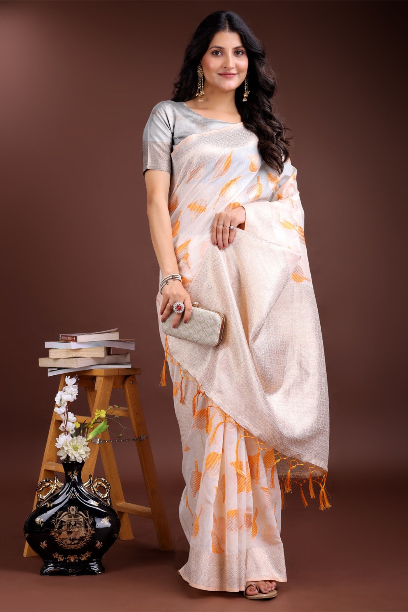 Buy MySilkLove Mogra White and Orange Woven Cotton Saree Online