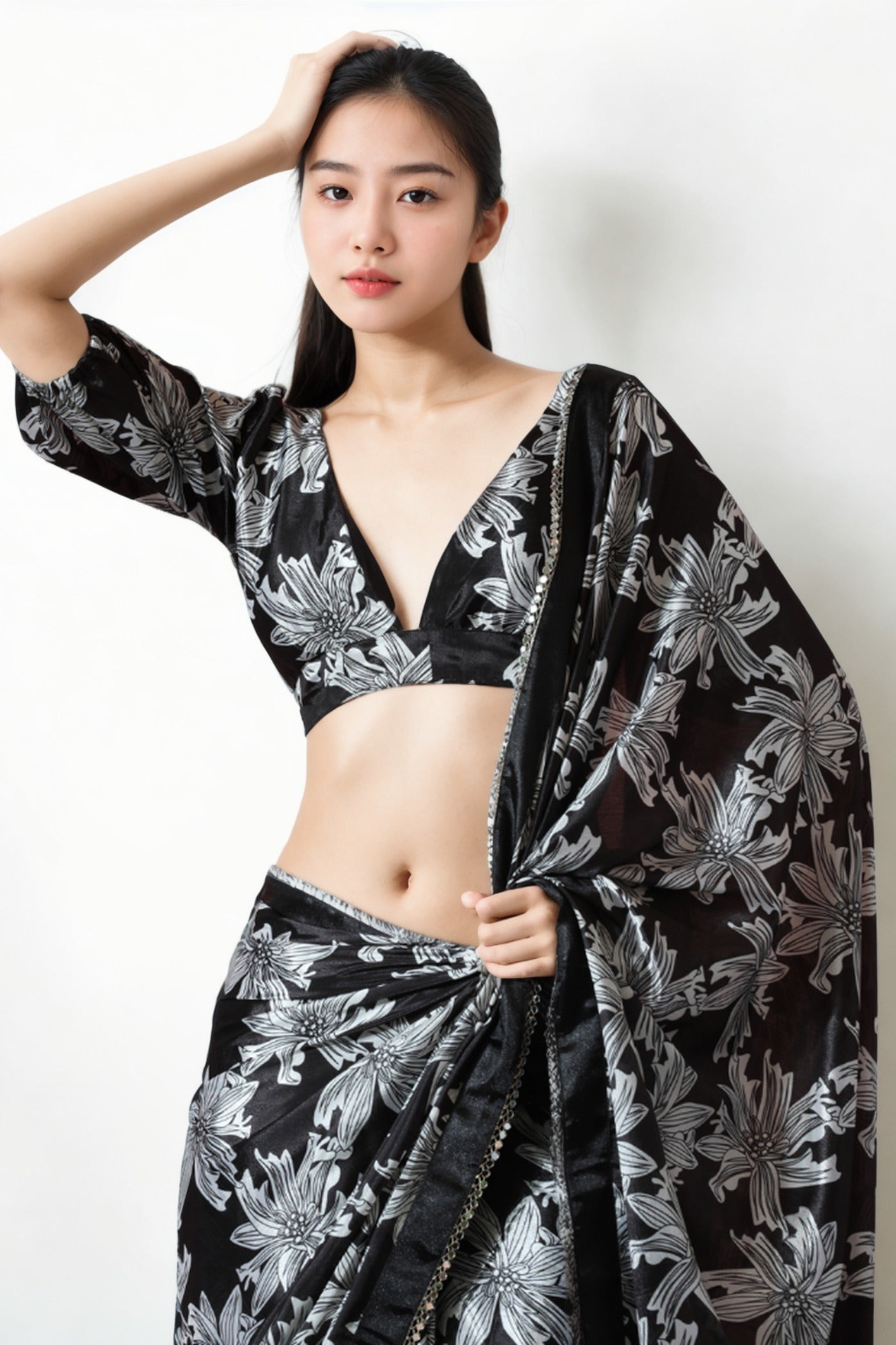 Buy MySilkLove Ebony Black Chinon Digital Printed Ready To Wear Saree Online