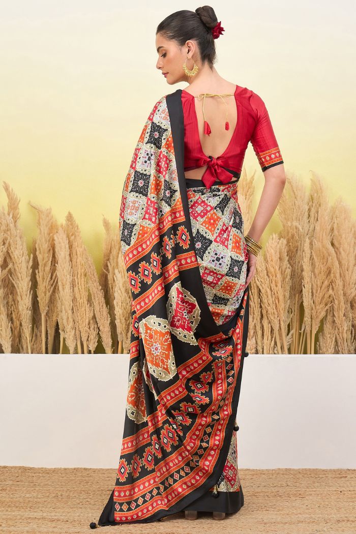 Buy MySilkLove Rio Black and Cream Patola Printed Satin Crepe Silk Saree Online