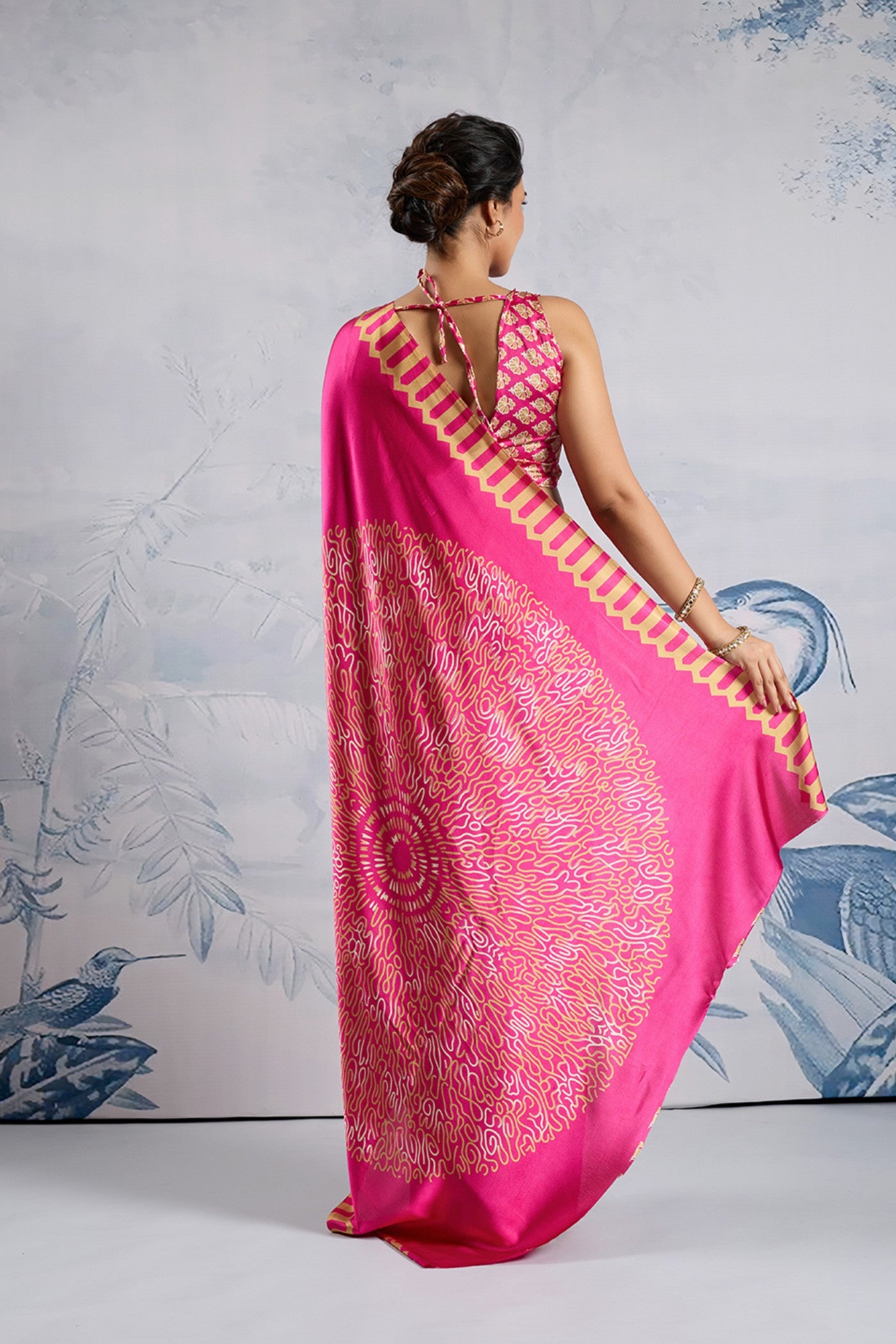 Buy MySilkLove Rani Pink Printed Satin Crepe Silk Saree Online