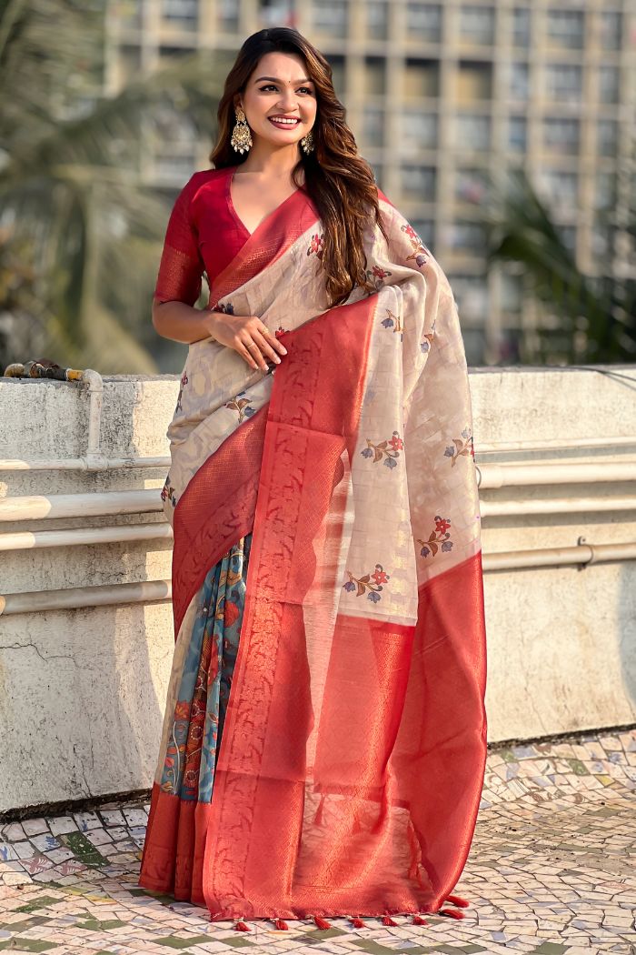 Buy MySilkLove Fawn Cream and Red Woven Cotton Saree Online