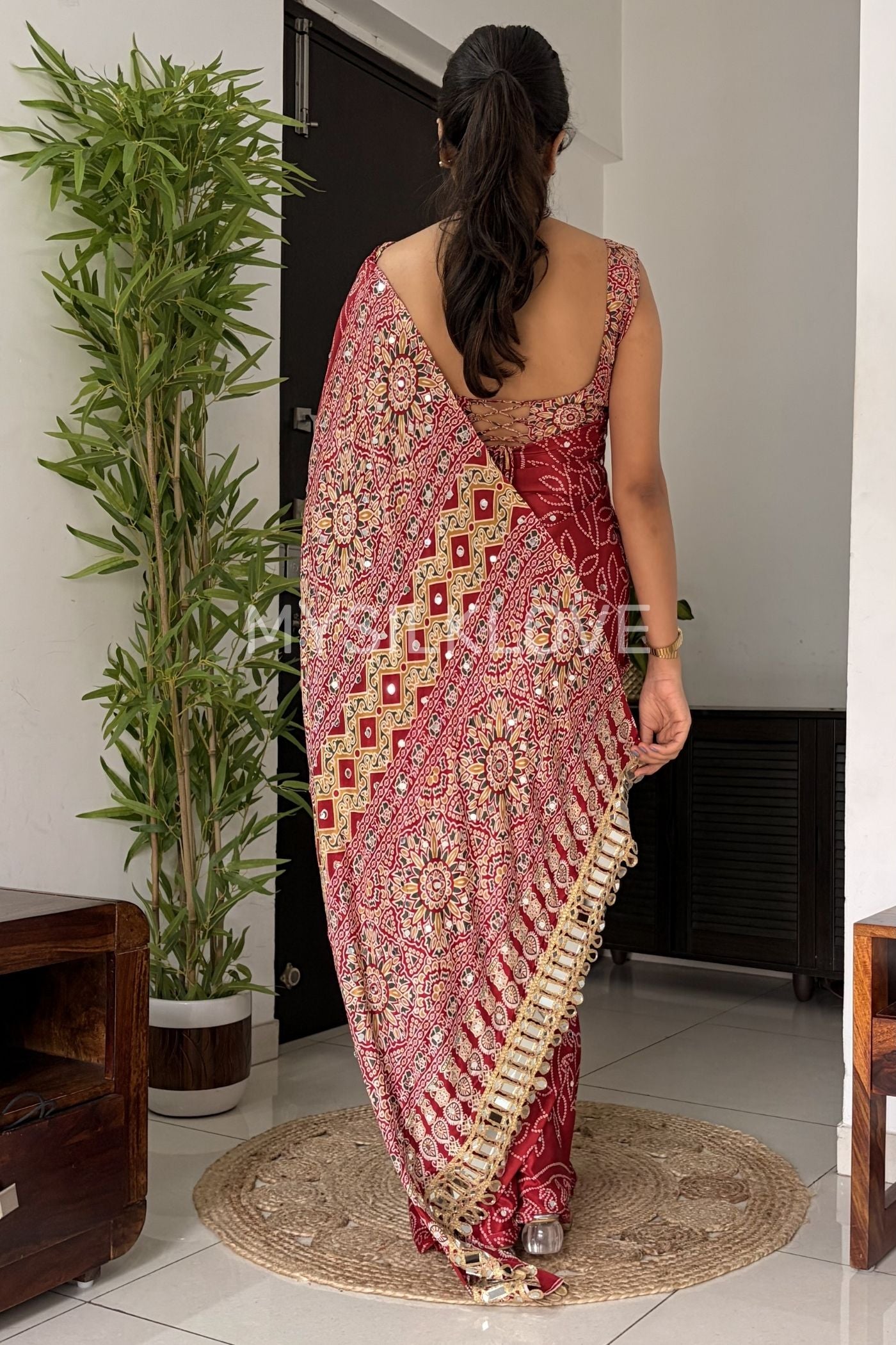 Buy MySilkLove Ruby Red Bandhani Fusion Ajrakh Pallu Mirror Work Saree Online