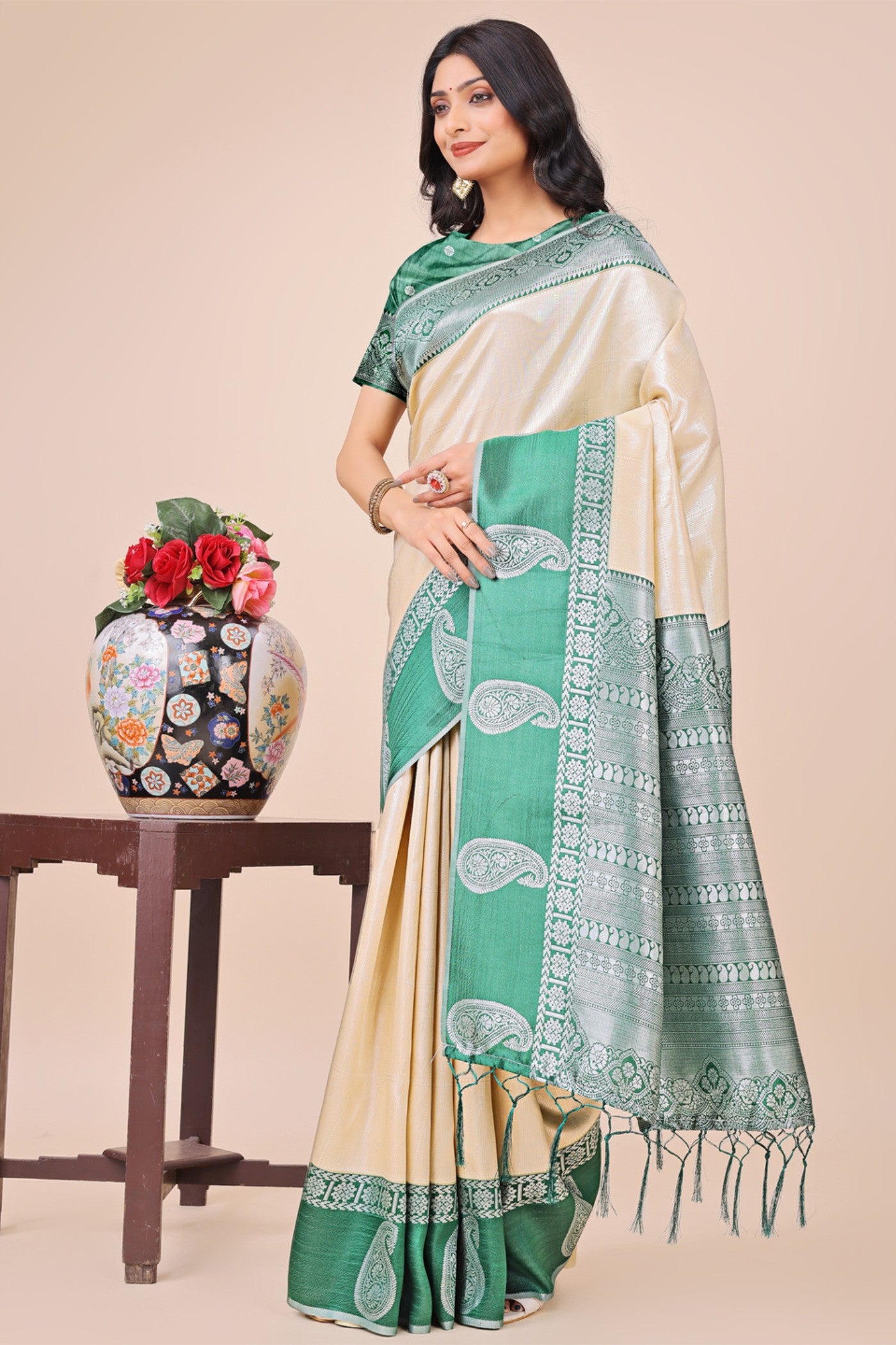 Buy MySilkLove New Cream Woven Banarasi Saree Online