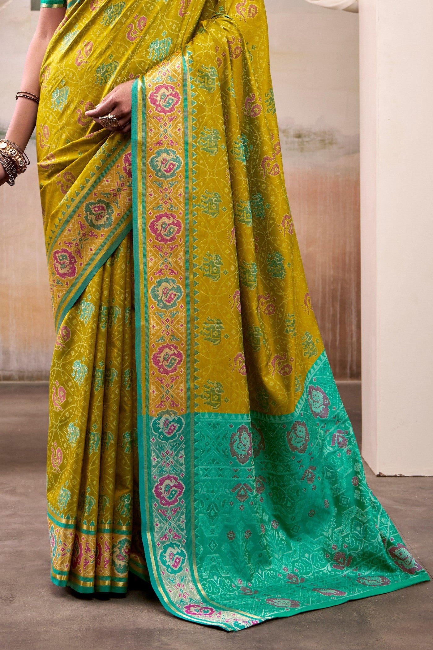 Buy MySilkLove Volt Green Woven Patola Silk Saree Online
