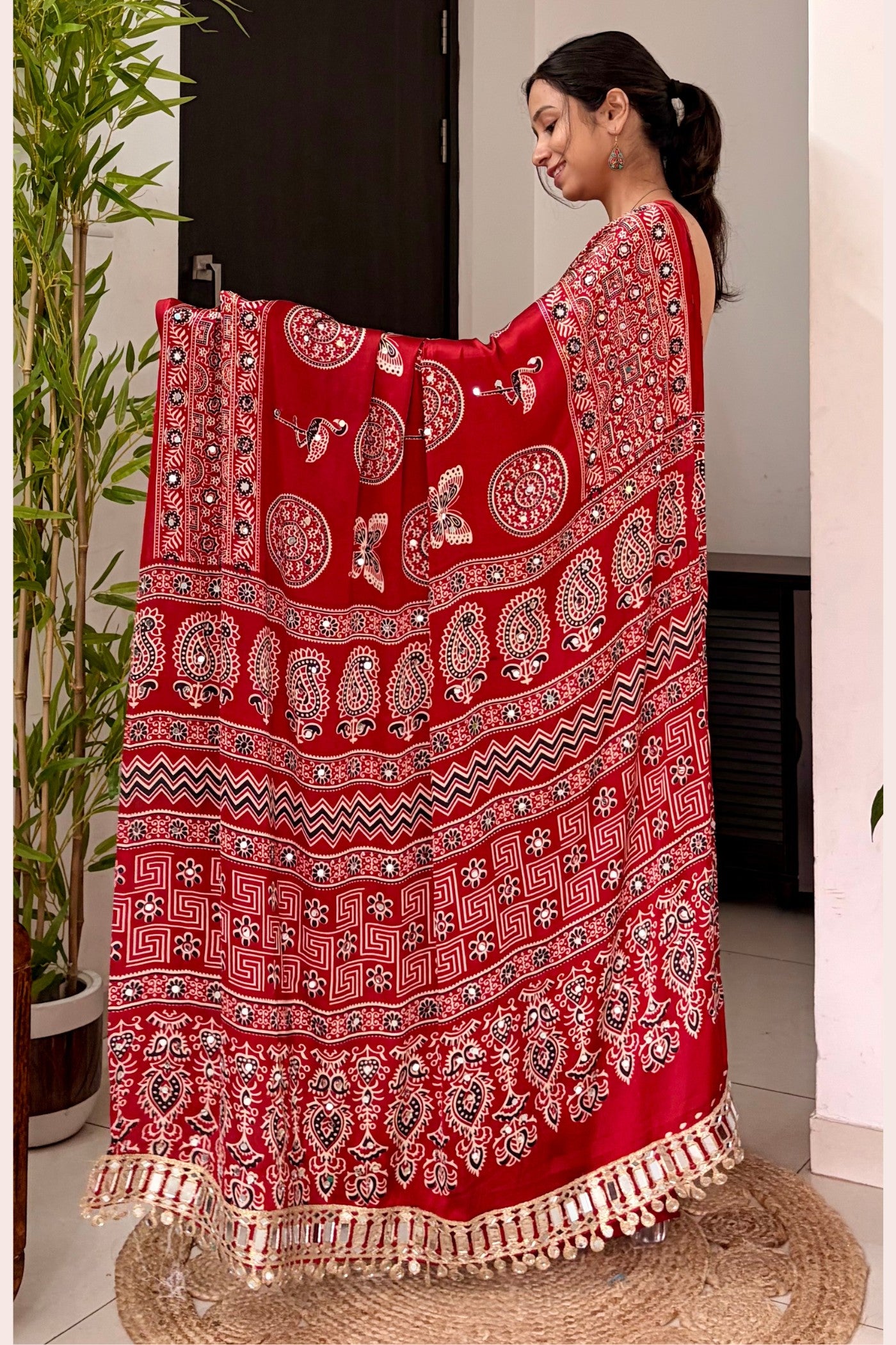 Buy MySilkLove Chili Red Ajrakh Satin Printed Mirror Work Saree Online