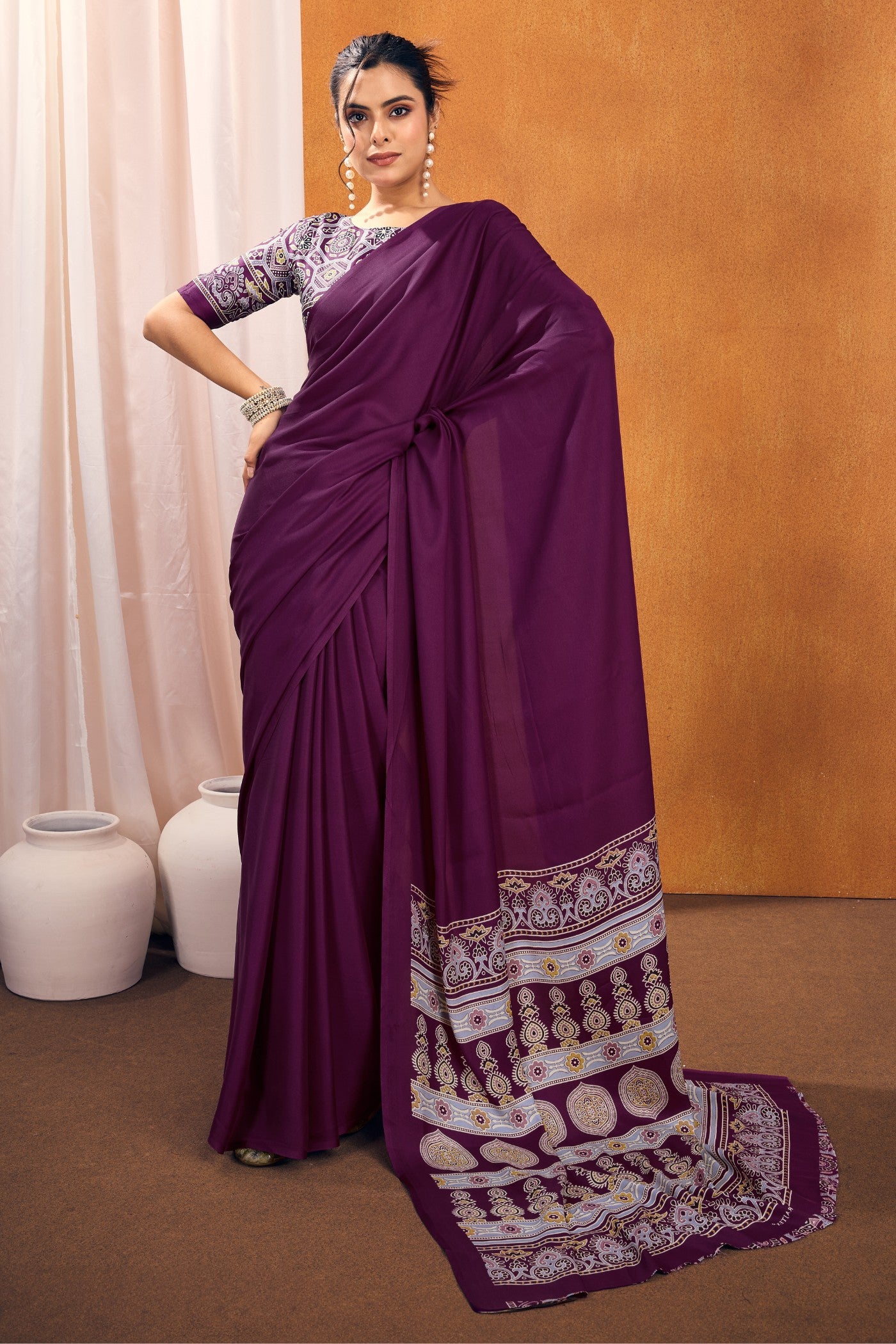 Buy MySilkLove Cosmic Purple Ajrakh Printed Satin Crepe Silk Saree Online