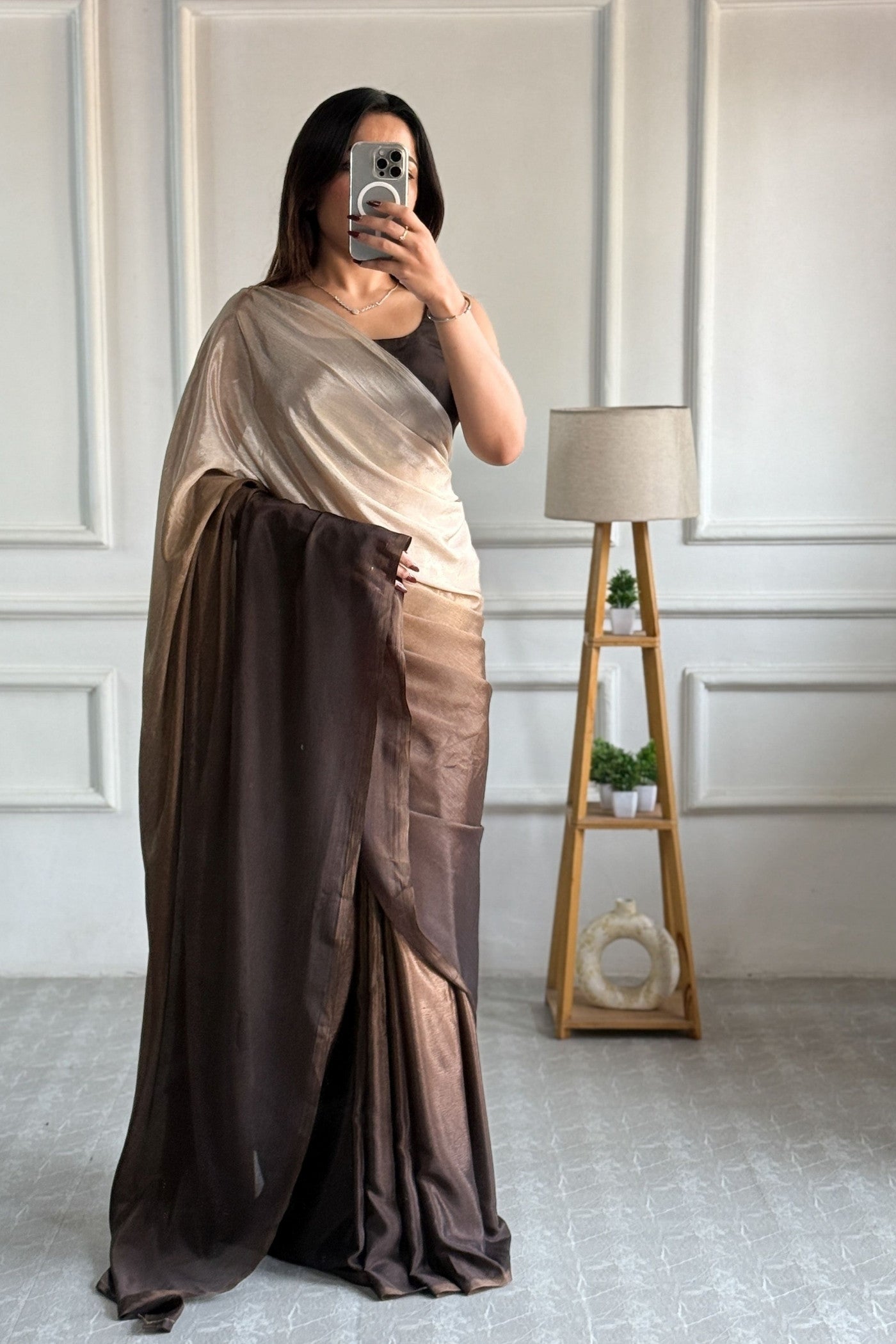 Buy MySilkLove Mocha Brown Chinon Ready To Wear Saree Online