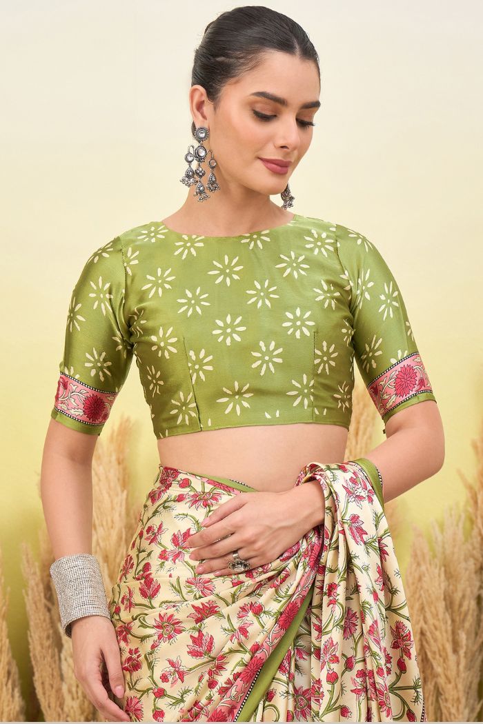 Buy MySilkLove Warm Cream Modal Satin Printed Silk Saree Online