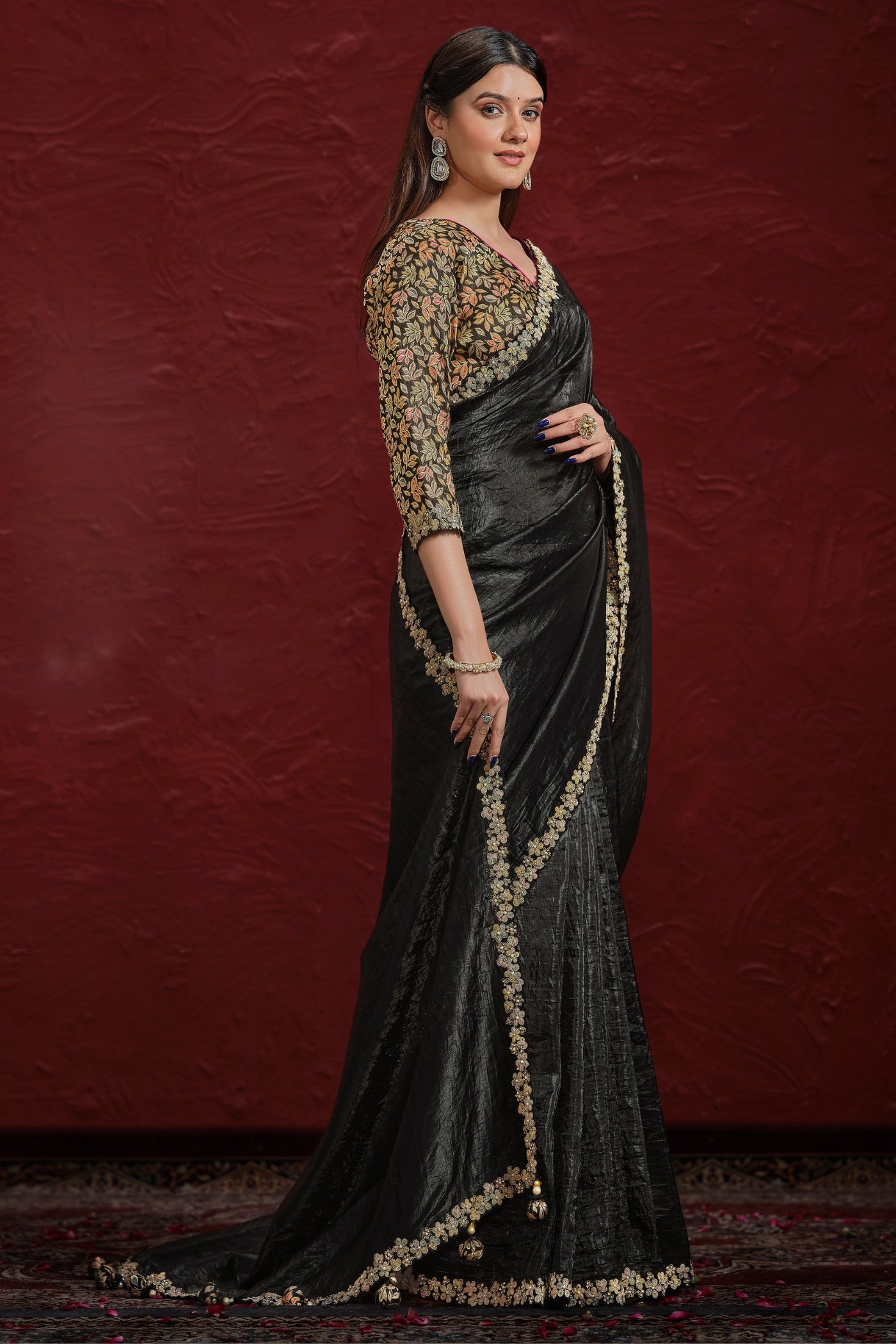 Buy MySilkLove Spider Black Paper Silk Saree with Stitched Blouse Online