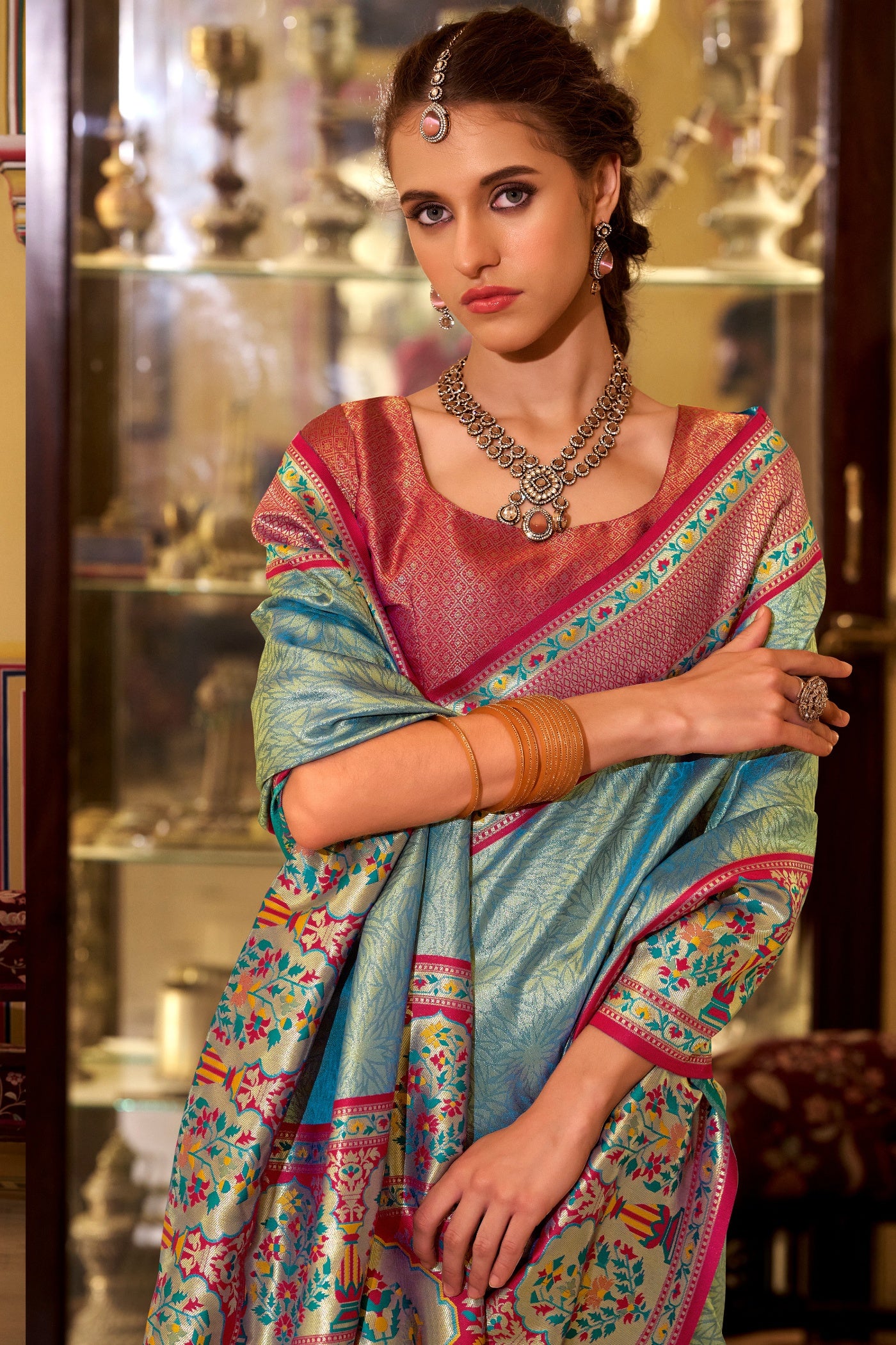 Buy MySilkLove Neptune Blue Woven Tissue Silk Saree Online