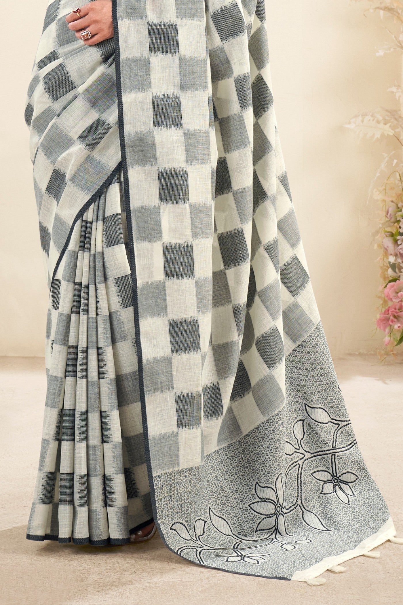 Buy MySilkLove Bone White and Grey Woven Linen Saree Online