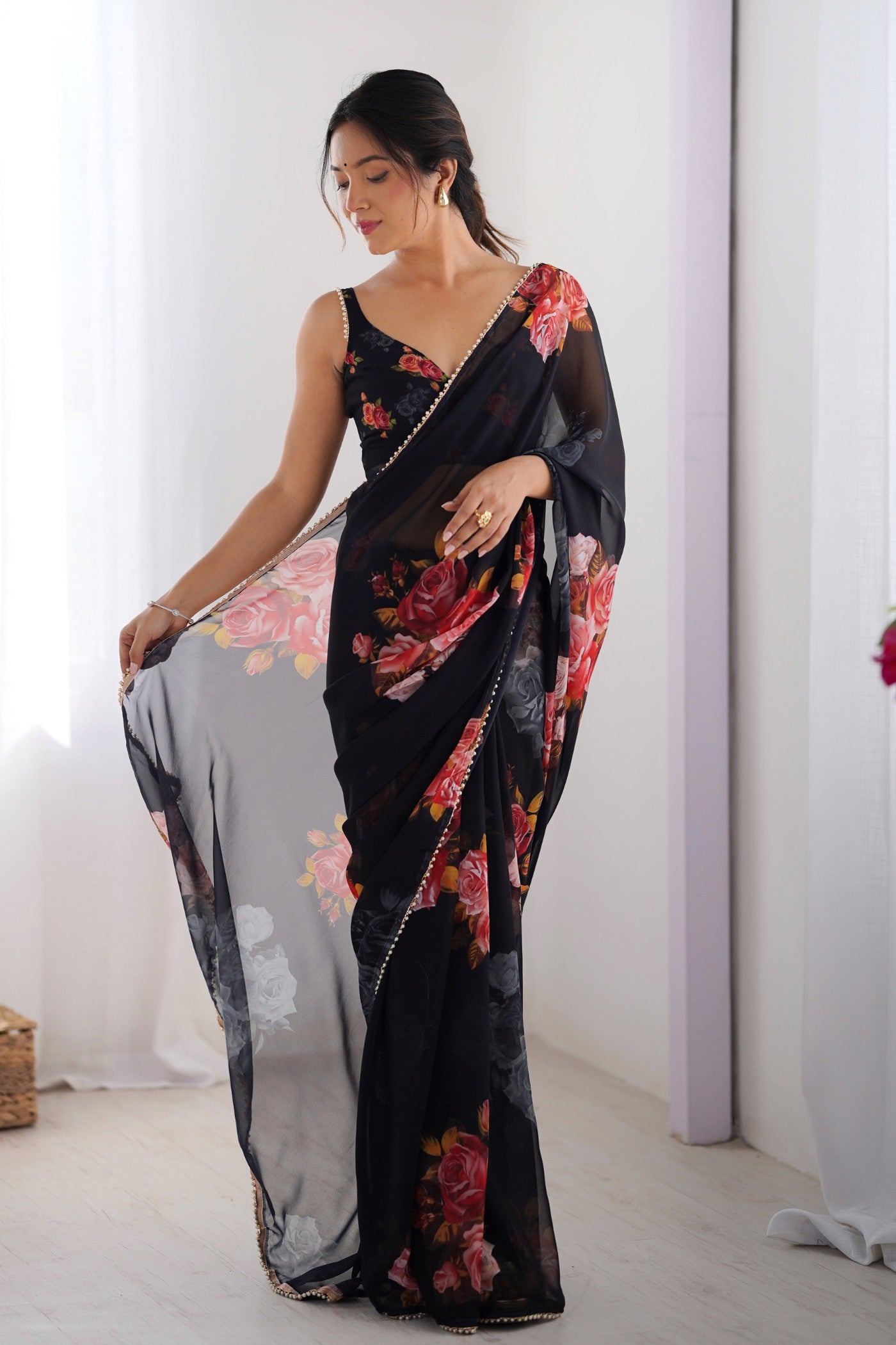 Buy MySilkLove Viola Black Printed Georgette Saree Online