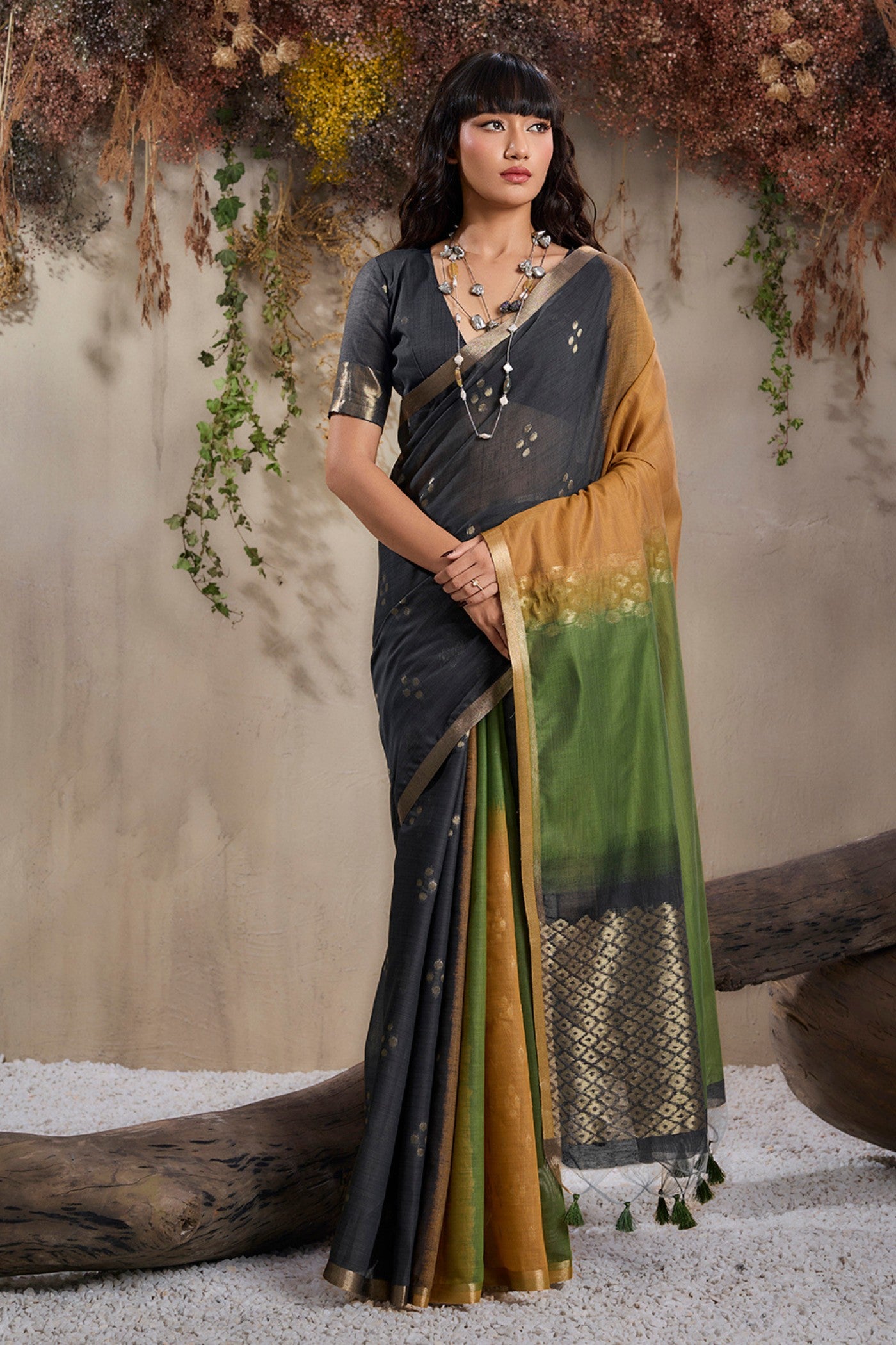 Buy MySilkLove Volcanic Black and Green Handloom Cotton Saree Online