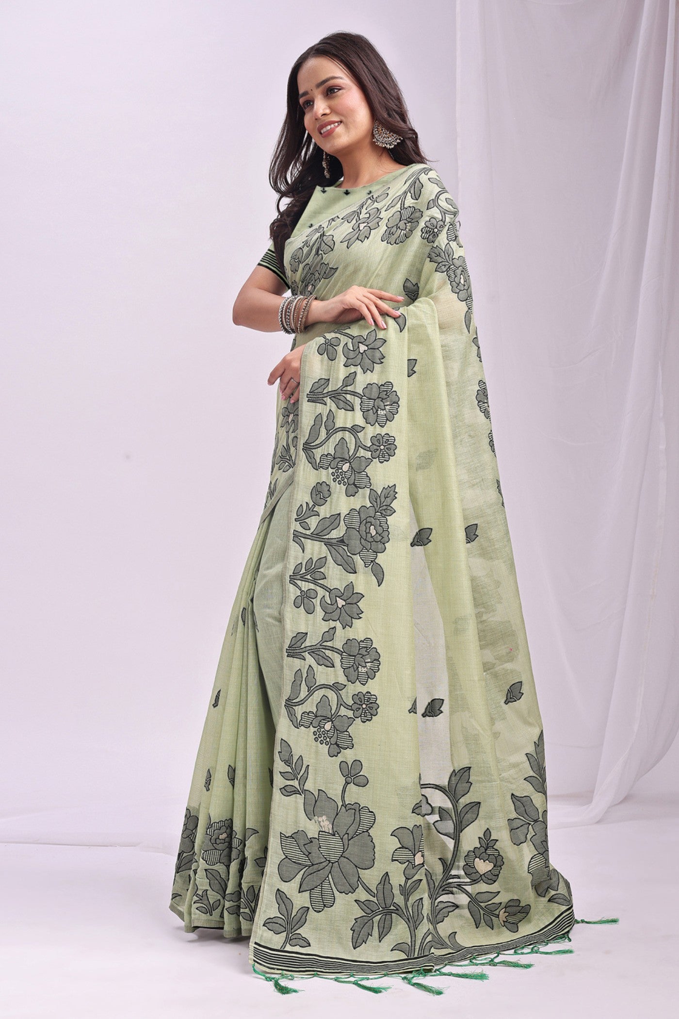 Buy MySilkLove Mint Green Woven Linen Cotton Saree Online