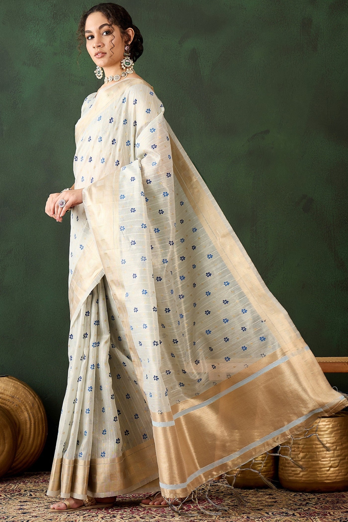 Buy MySilkLove Pearl White Woven Organza Saree Online