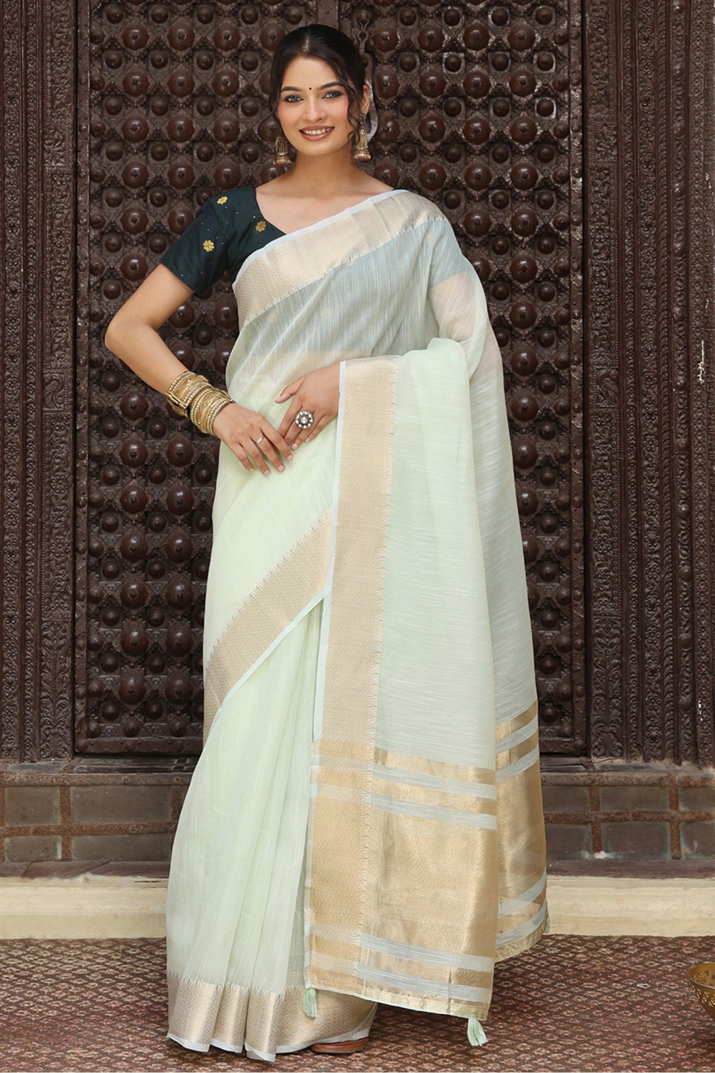 Buy MySilkLove Pistachio Green Woven Cotton Saree Online
