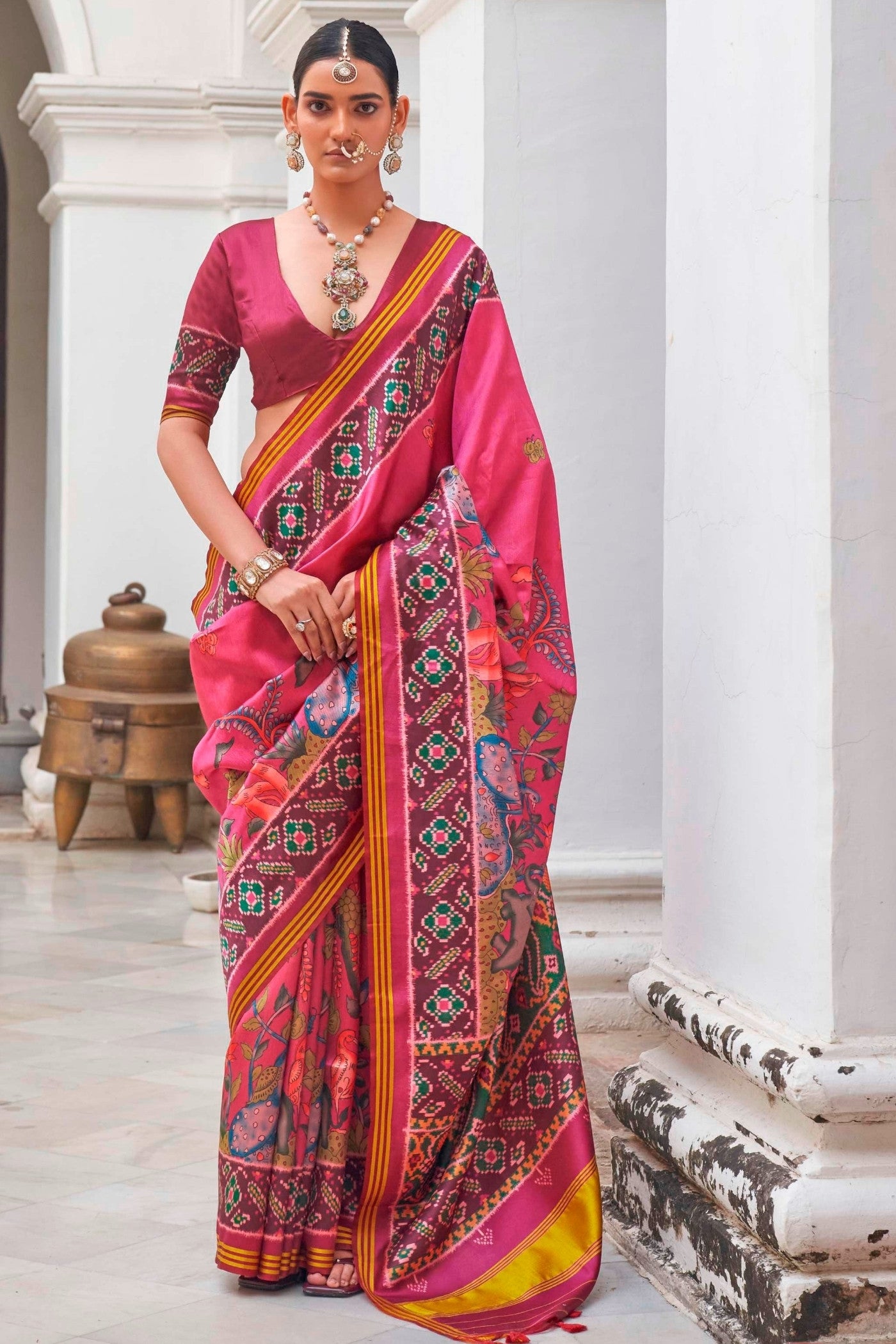 Buy MySilkLove Bubblegum Pink Printed Patola Saree Online