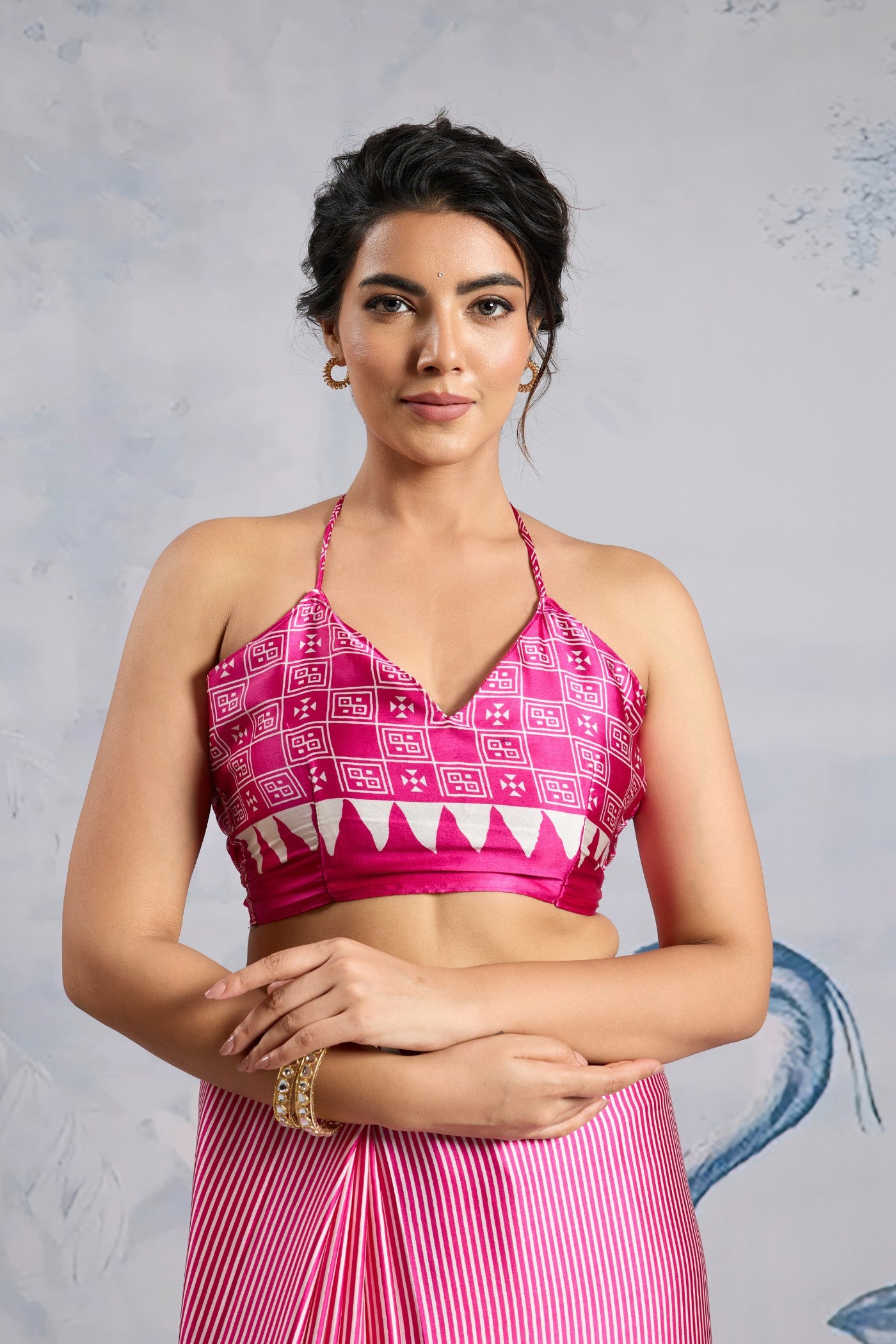 Buy MySilkLove Erica Pink Stripe Ajrakh Printed Satin Crepe Silk Saree Online