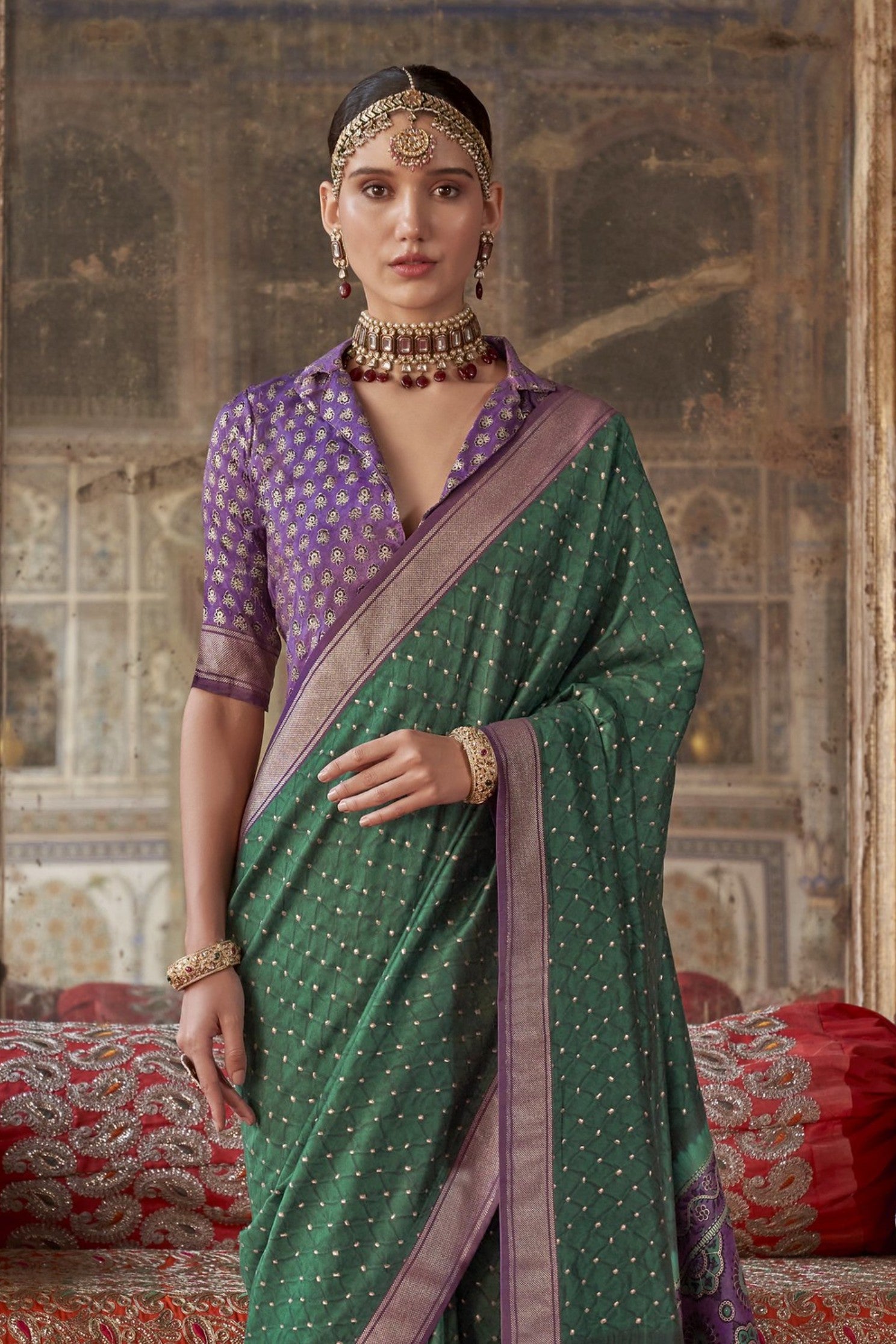 Buy MySilkLove Dianne Green Printed Banarasi Saree Online