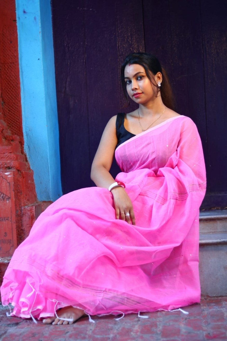Buy MySilkLove Lotus Pink Cotton Sequence Chumki Saree Online