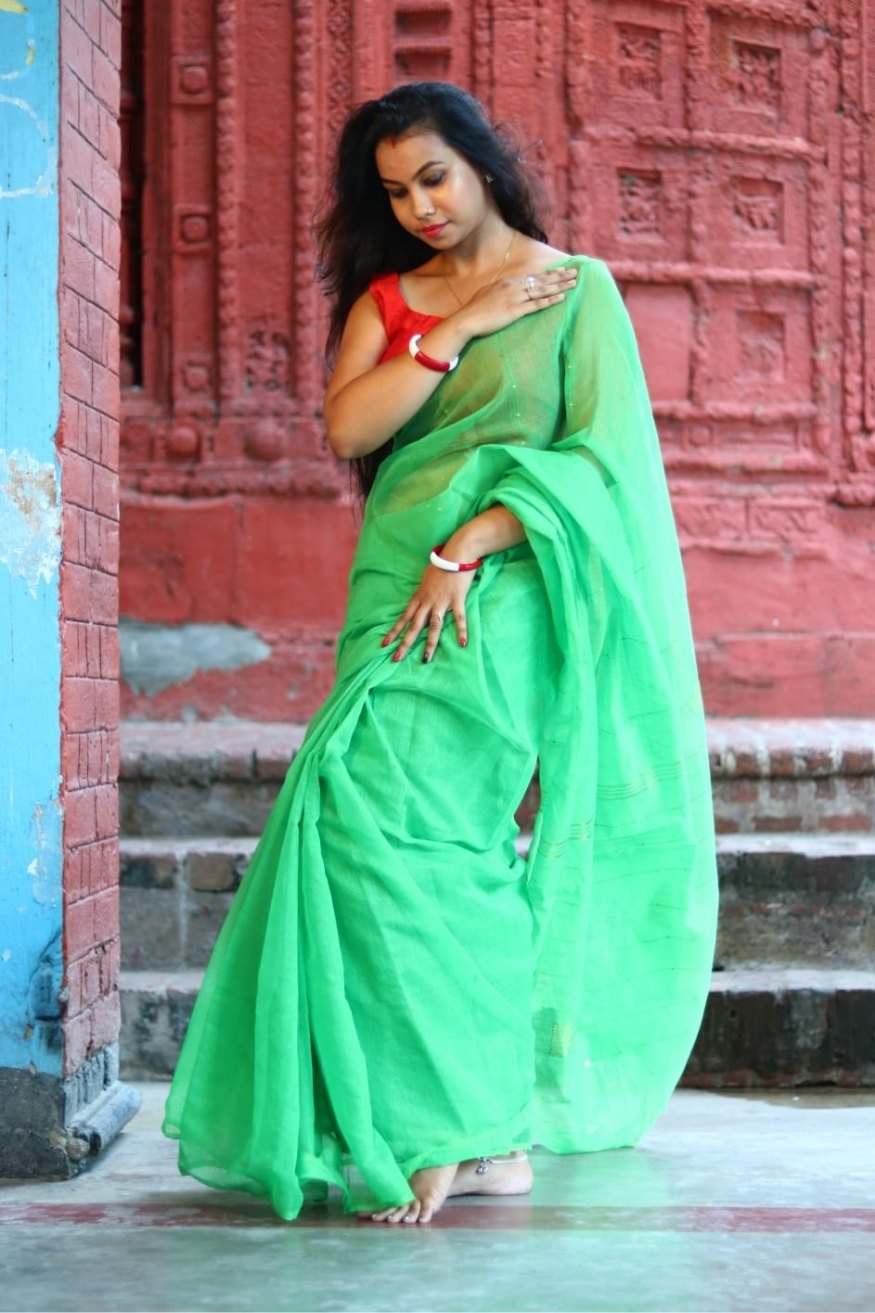 Buy MySilkLove Pista Green Cotton Sequence Chumki Saree Online