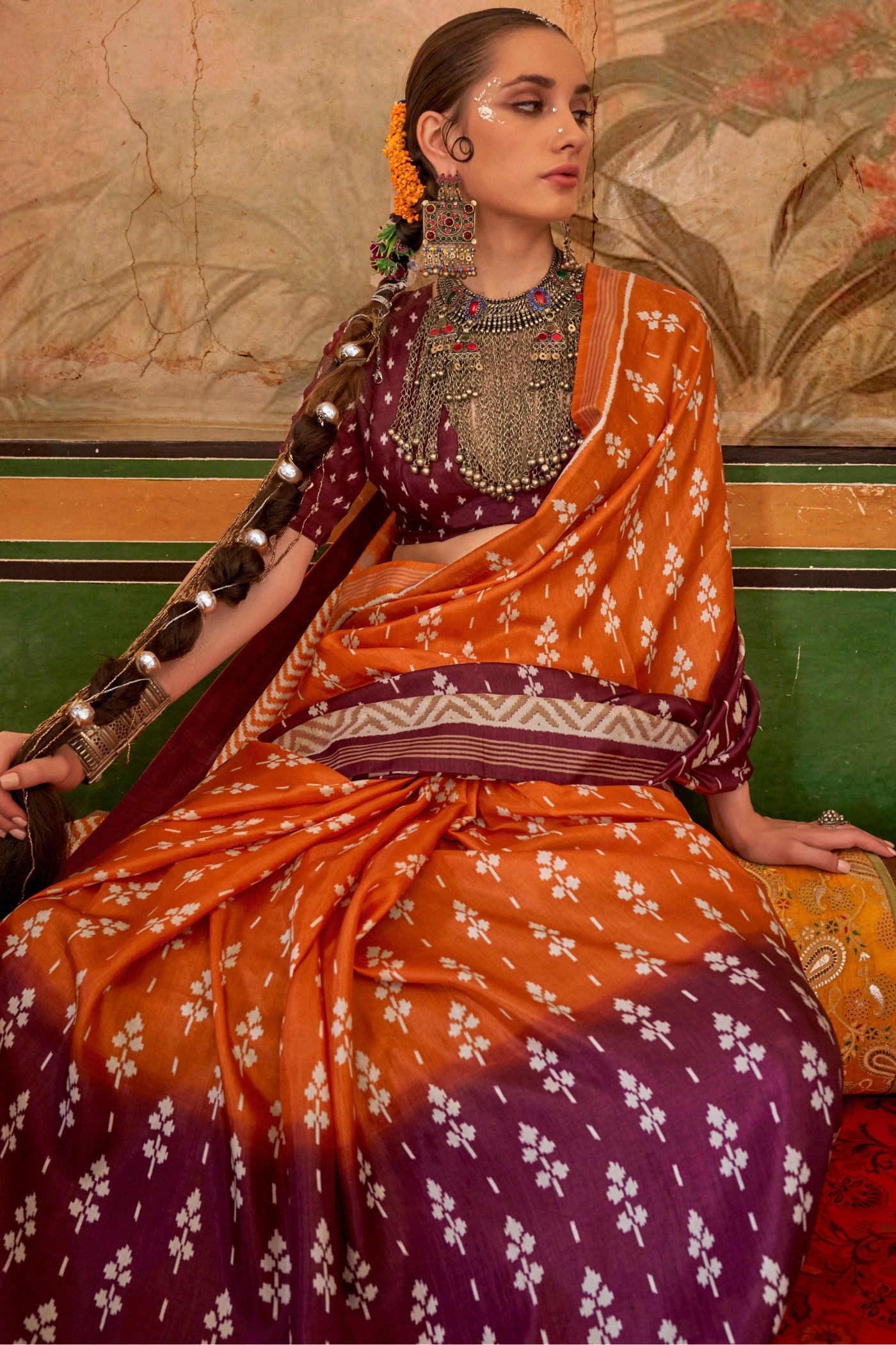 Buy MySilkLove Flamingo Orange and Brown Printed Patola Saree Online