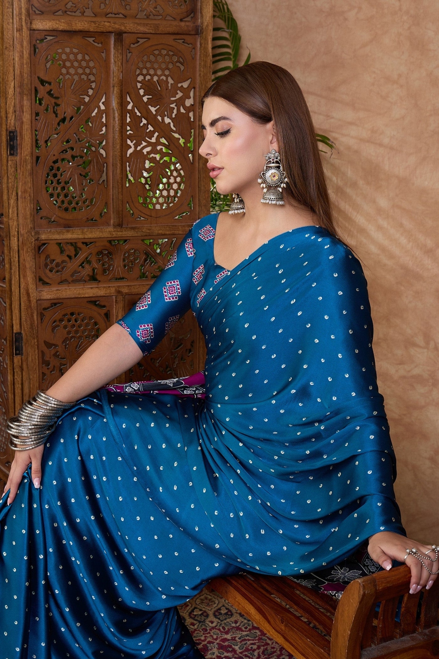 Buy MySilkLove Savoy Blue Ajrakh Printed Satin Crepe Silk Saree Online