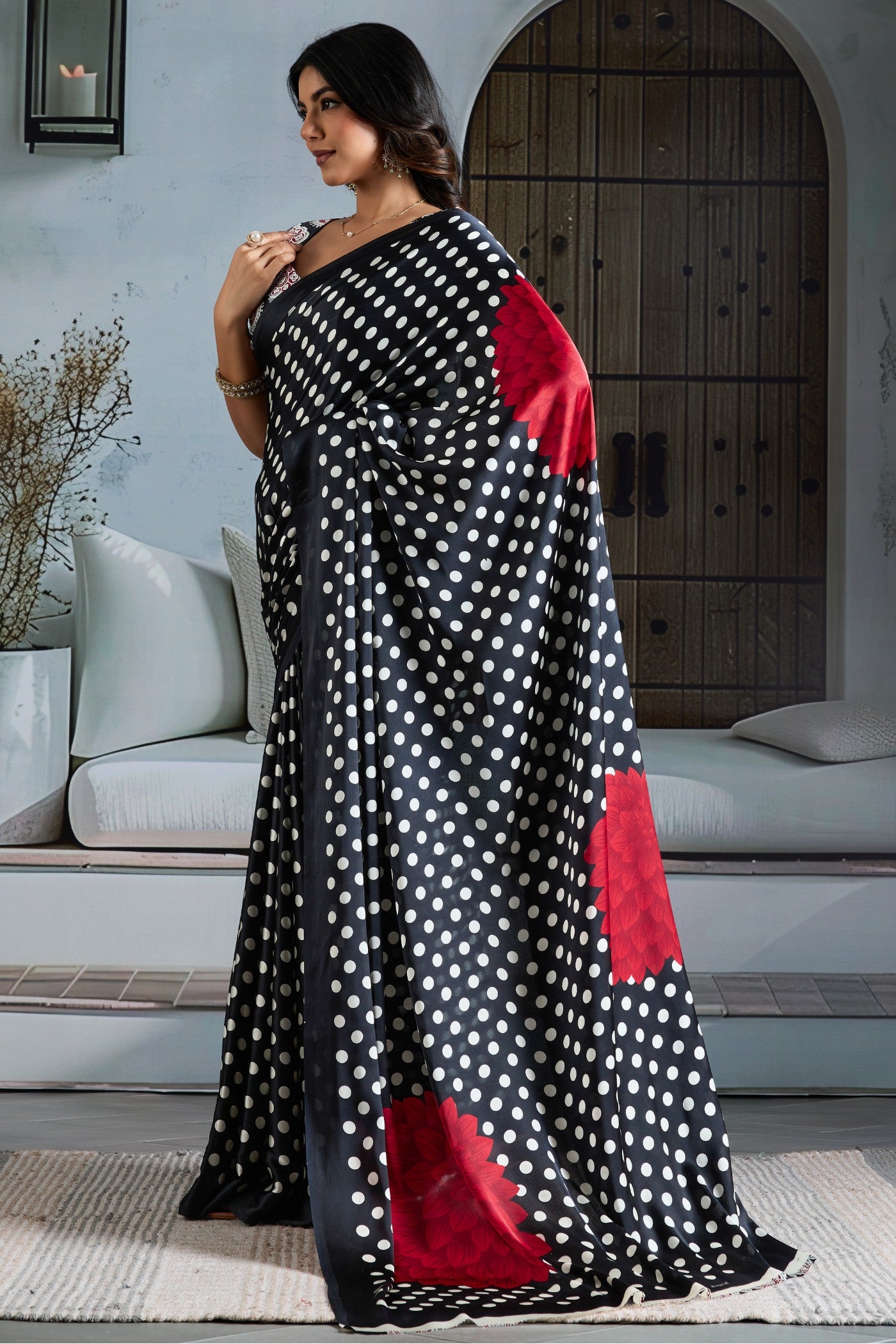 Buy MySilkLove Outer Black Printed Polka Dots Satin Crepe Saree Online