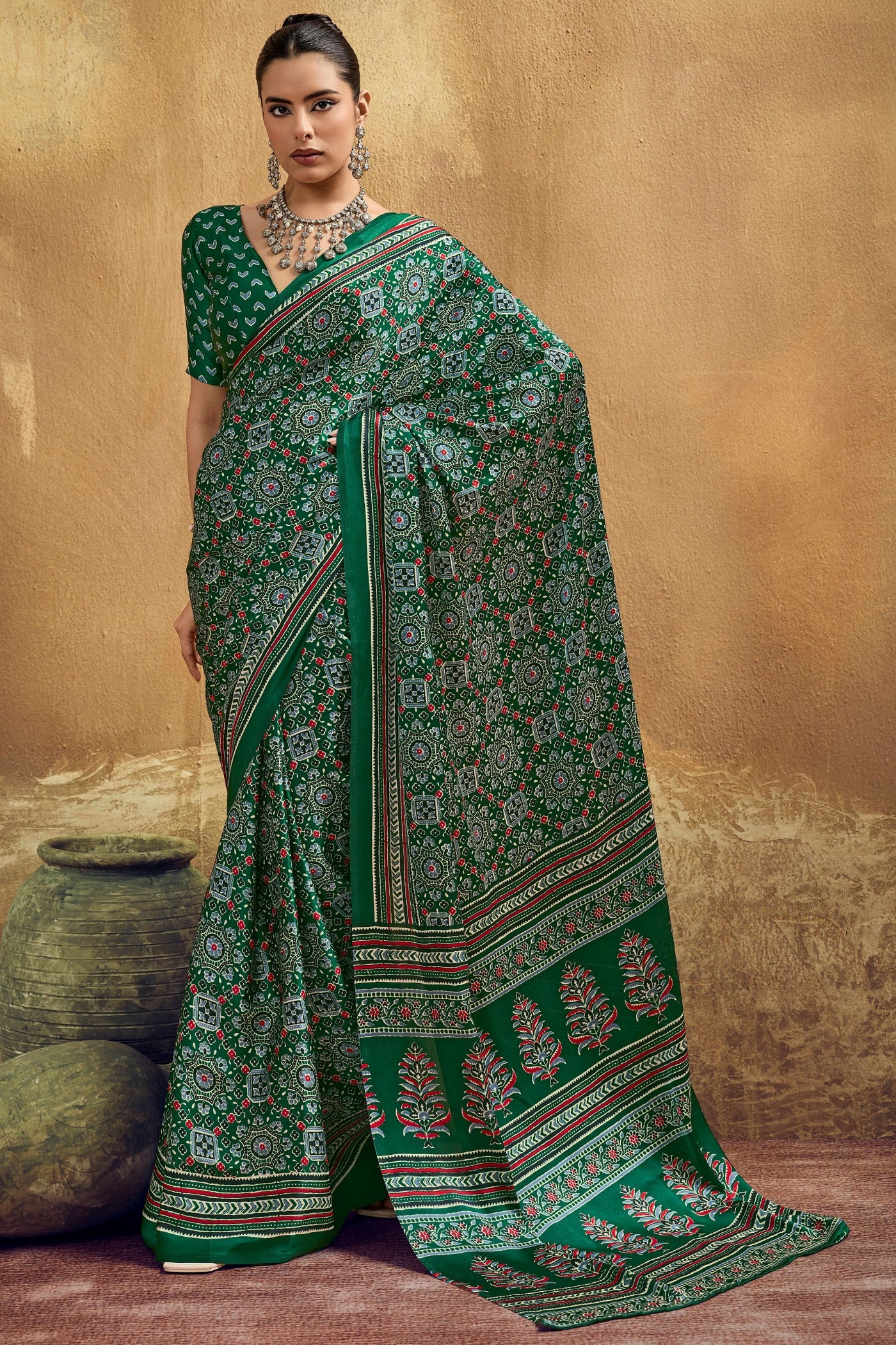 Buy MySilkLove Grass Green Modal Ajrakh Satin Printed Silk Saree Online