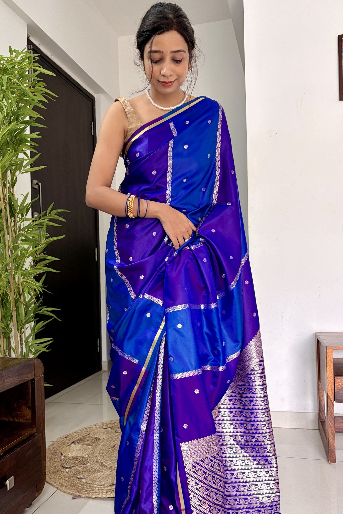 Buy MySilkLove Dark Blue Handloom Rangkat Banarasi Satin Silk Saree Online